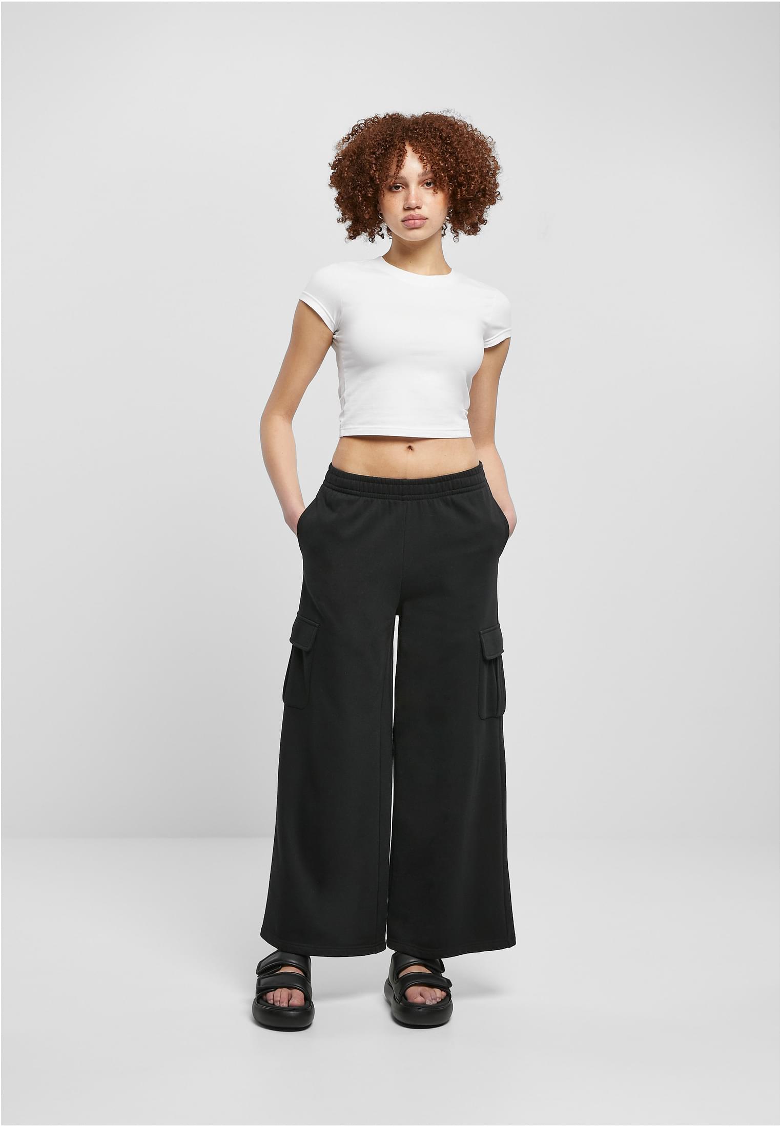 Ladies Highwaist Wide Leg Cargo Terry Pants | black