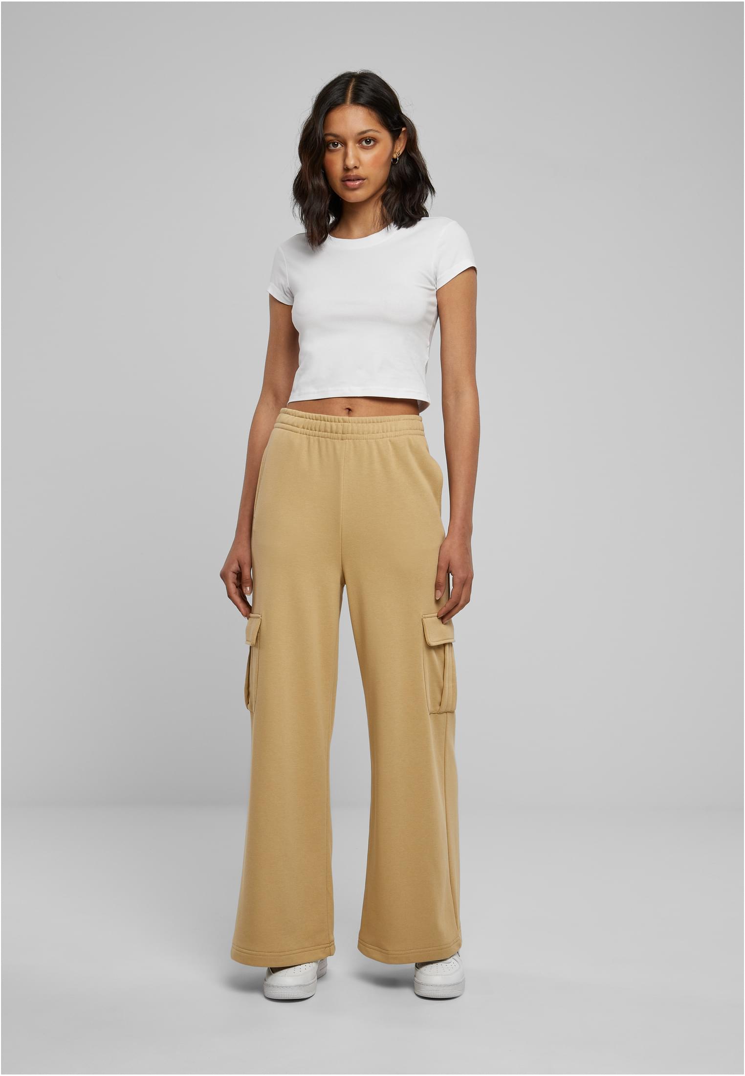 Ladies Highwaist Wide Leg Cargo Terry Pants | unionbeige