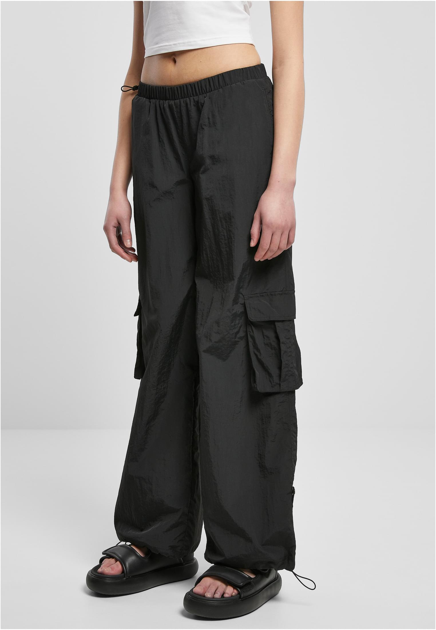 Ladies Wide Crinkle Nylon Cargo Pants | black