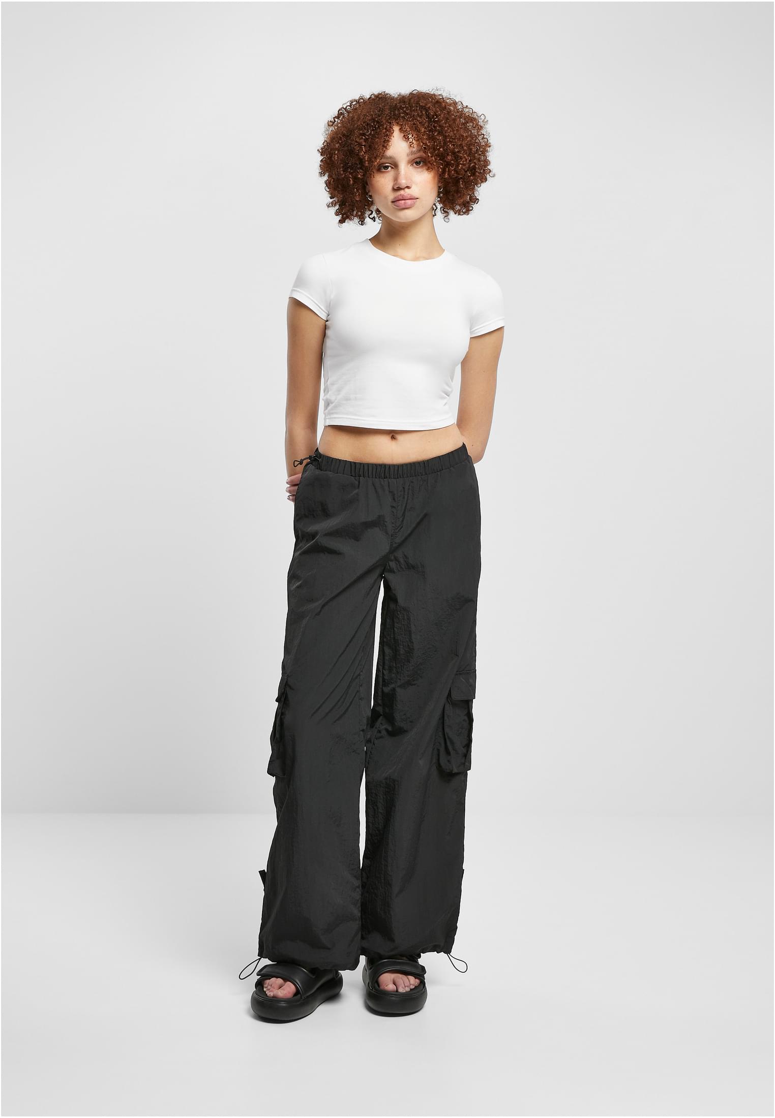 Ladies Wide Crinkle Nylon Cargo Pants | black