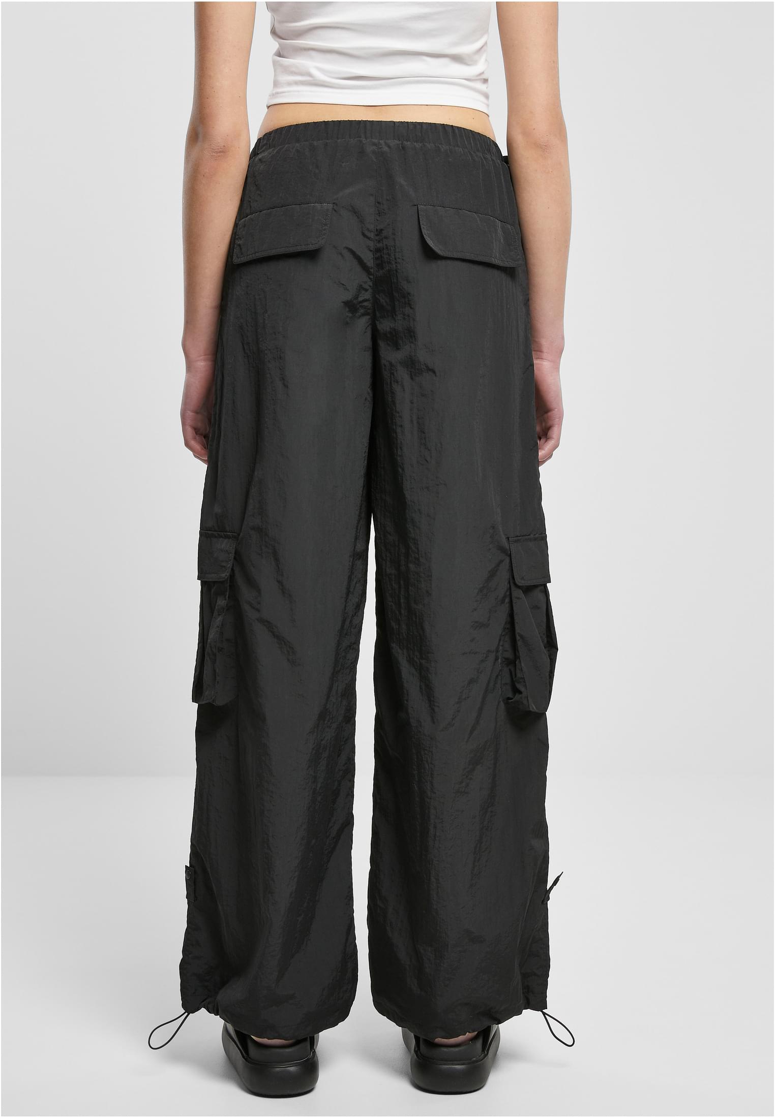 Ladies Wide Crinkle Nylon Cargo Pants | black