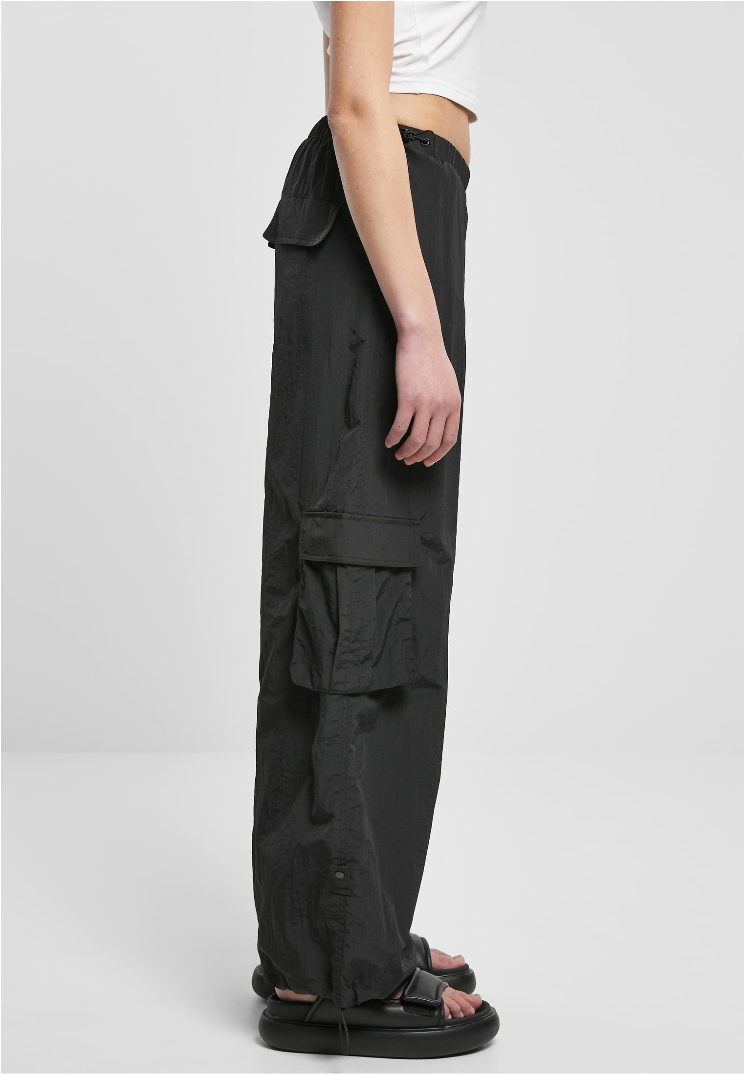 Ladies Wide Crinkle Nylon Cargo Pants | black