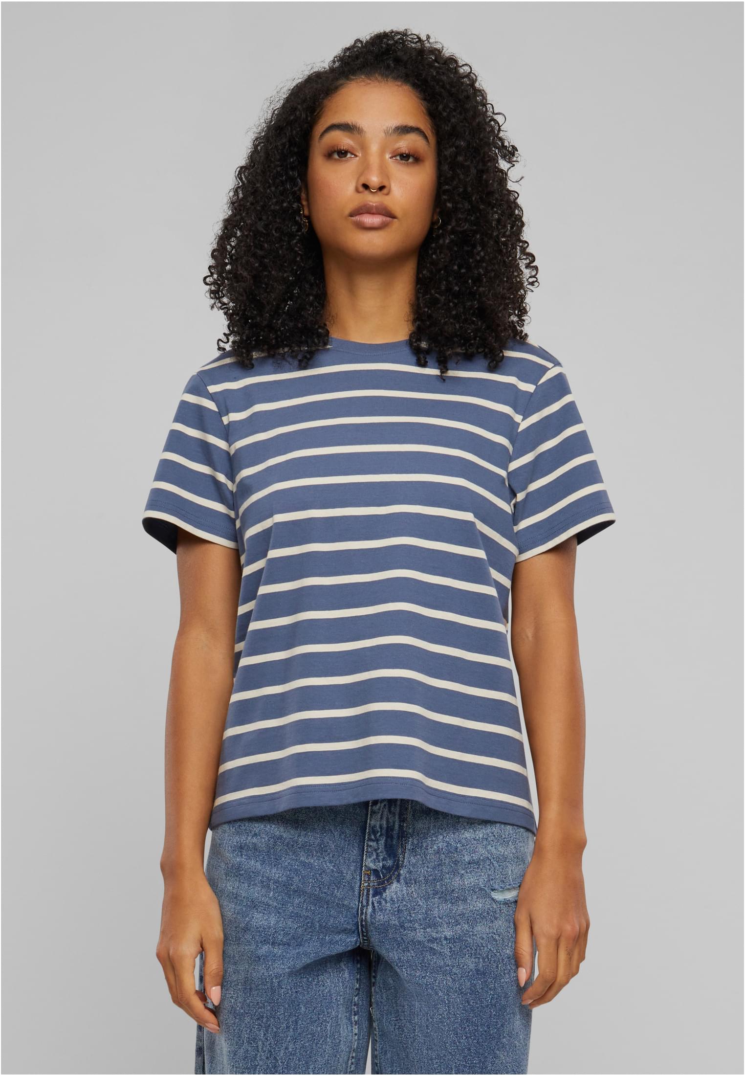 Ladies Striped Boxy Tee | whitesand/vintageblue