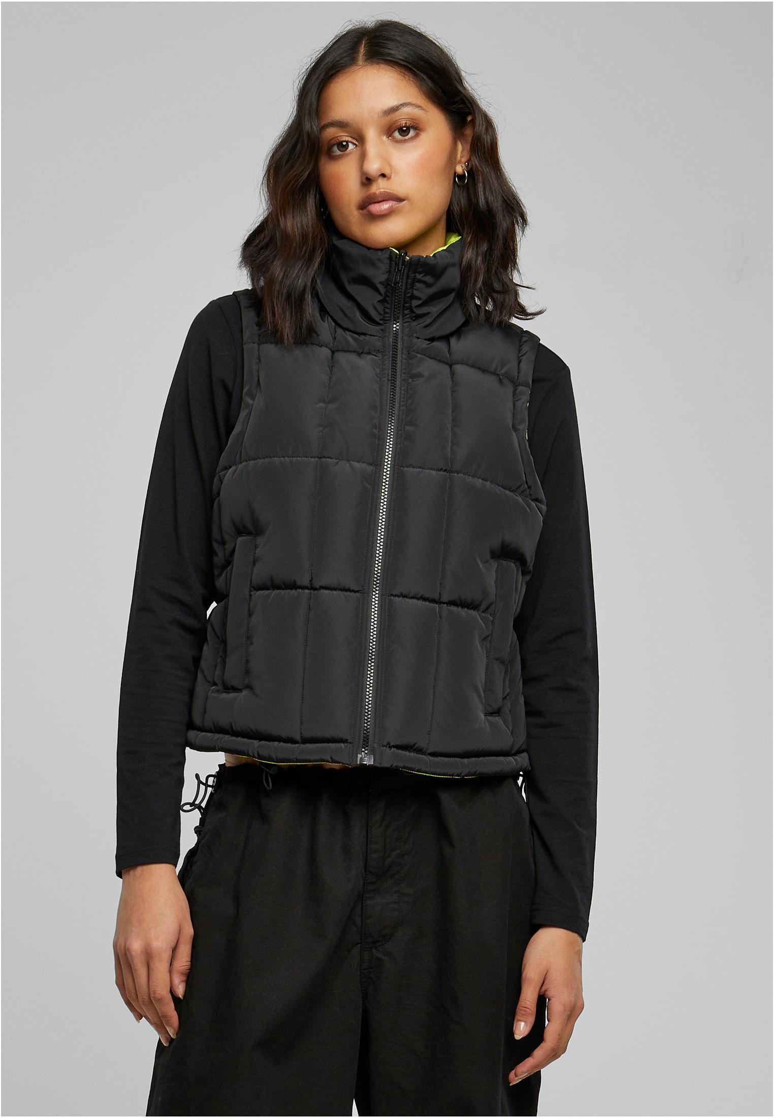 Ladies Reversible Cropped Puffer Vest | black/frozenyellow