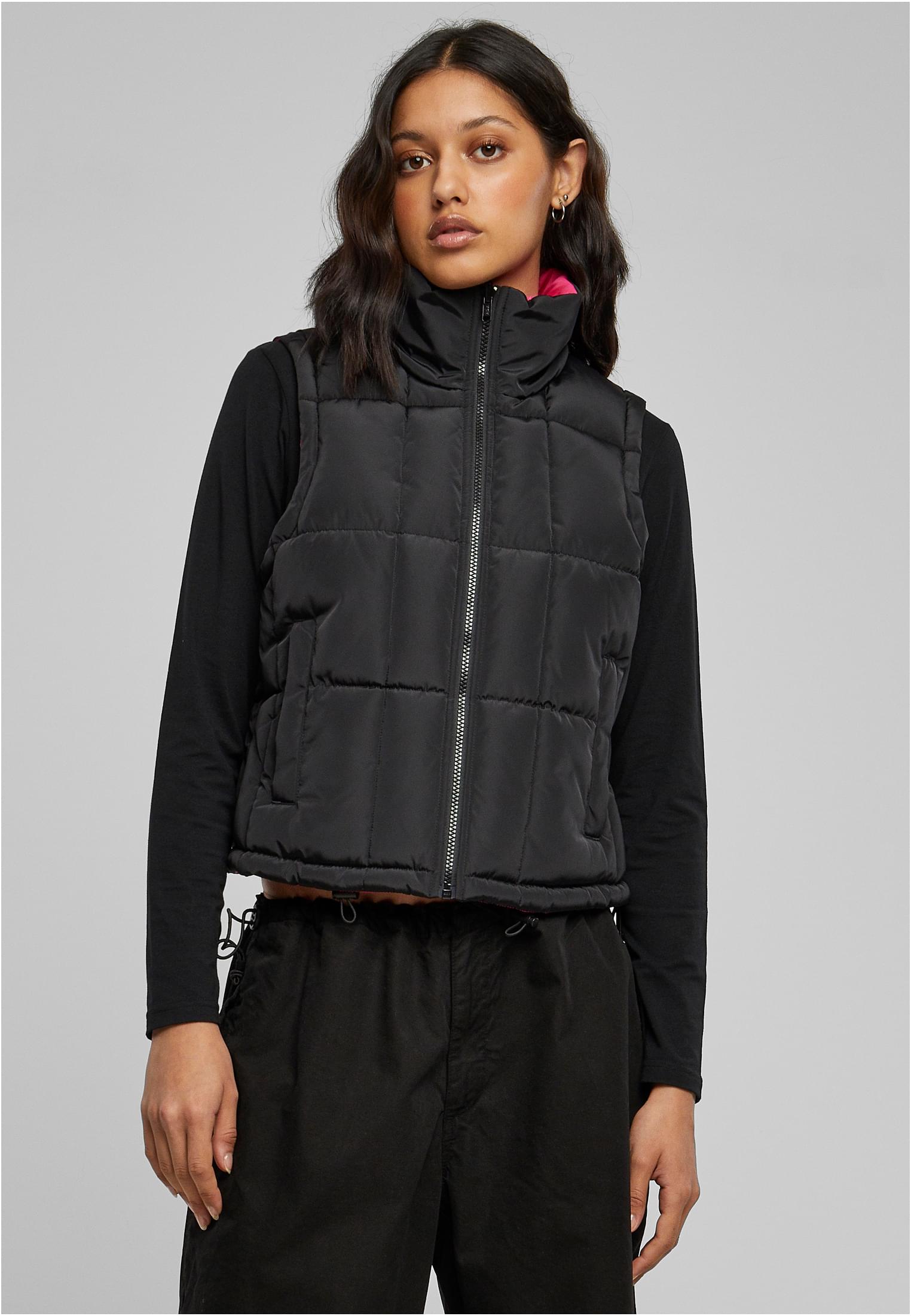 Ladies Reversible Cropped Puffer Vest | black/fuchsia