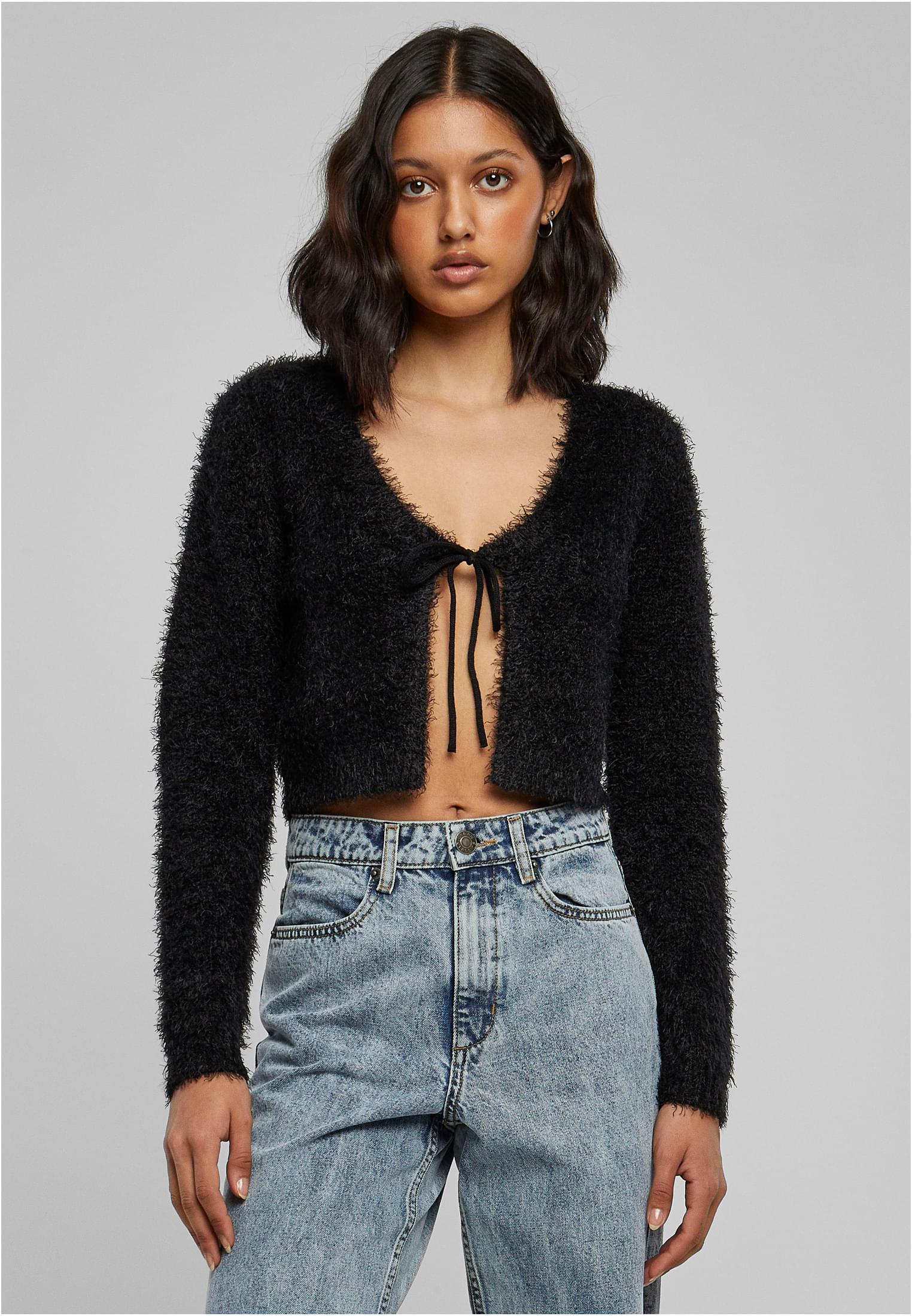 Ladies Tied Cropped Feather Cardigan | black