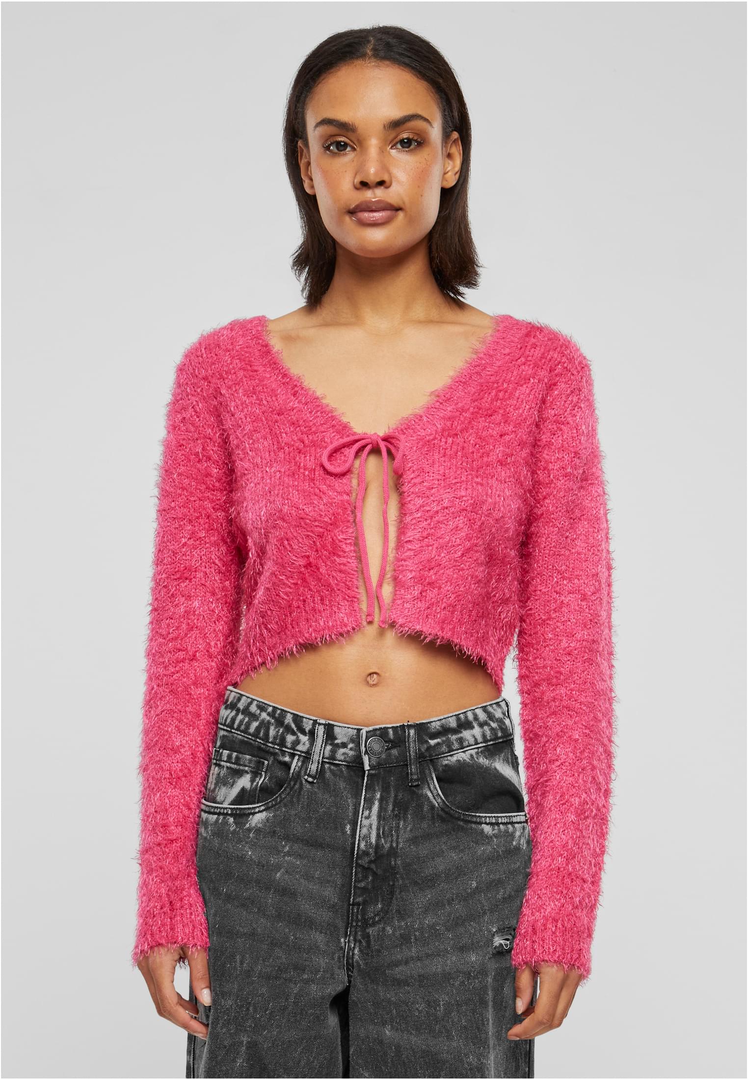 Ladies Tied Cropped Feather Cardigan | hibiskuspink