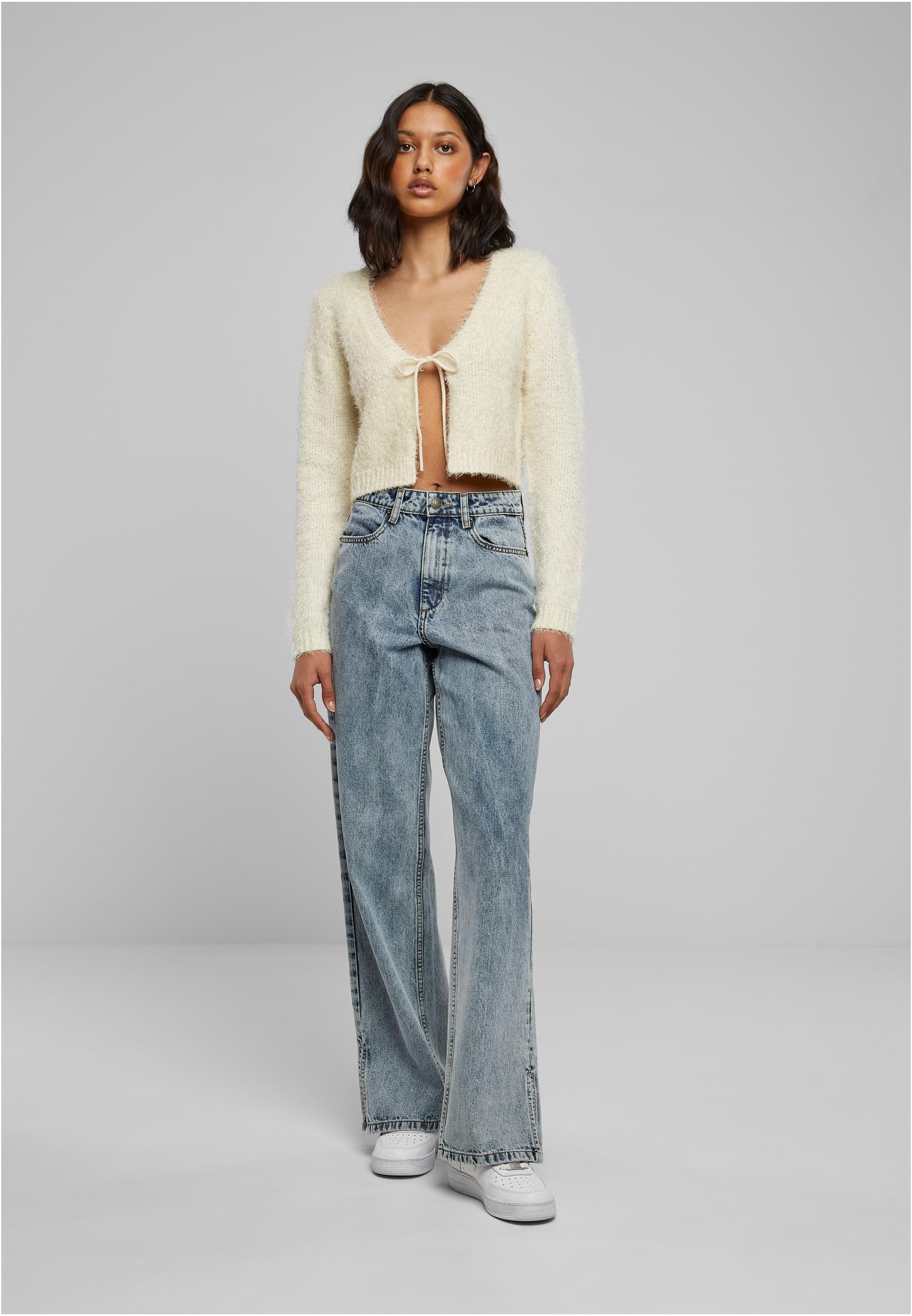 Ladies Tied Cropped Feather Cardigan | white