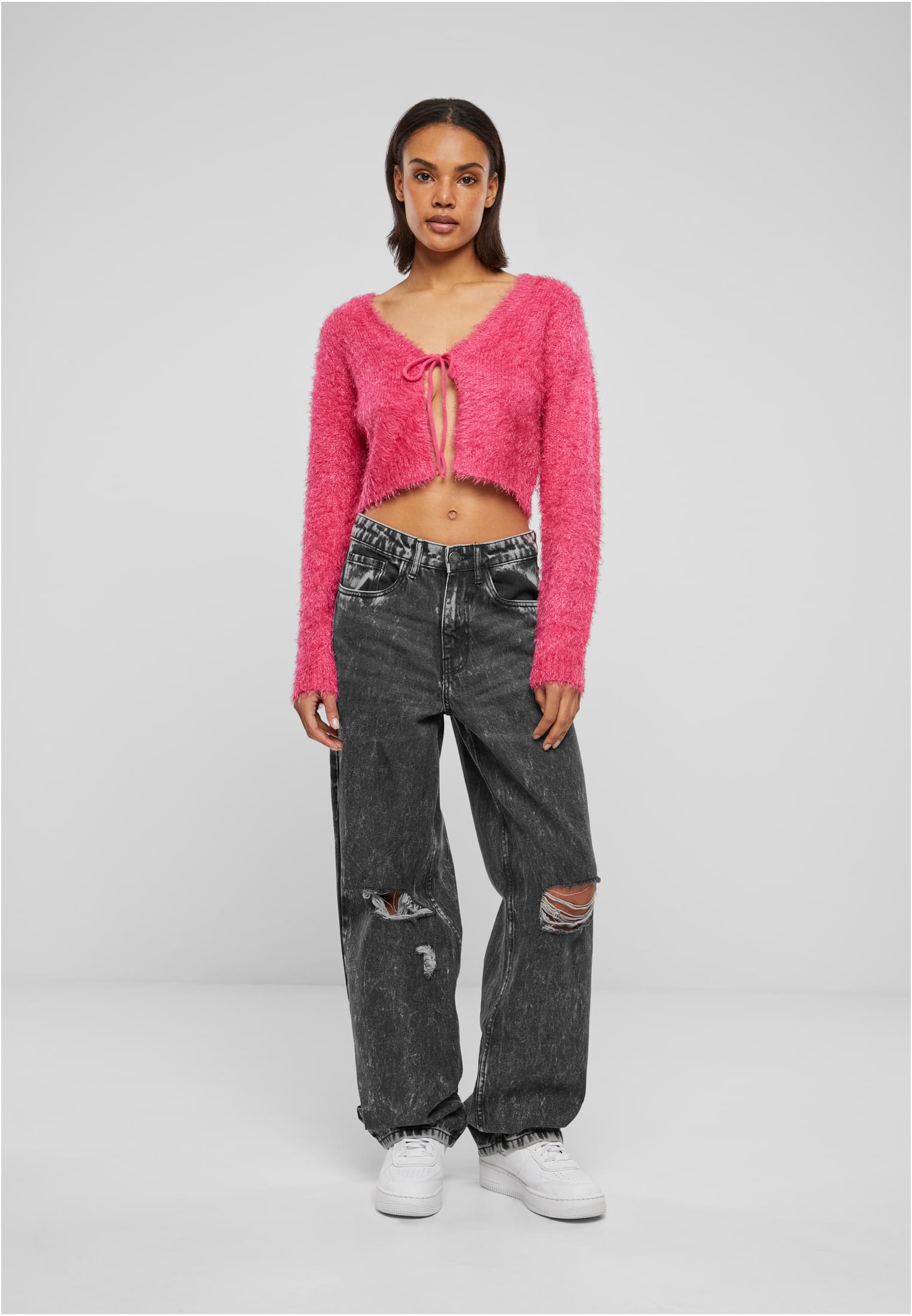 Ladies Tied Cropped Feather Cardigan | hibiskuspink