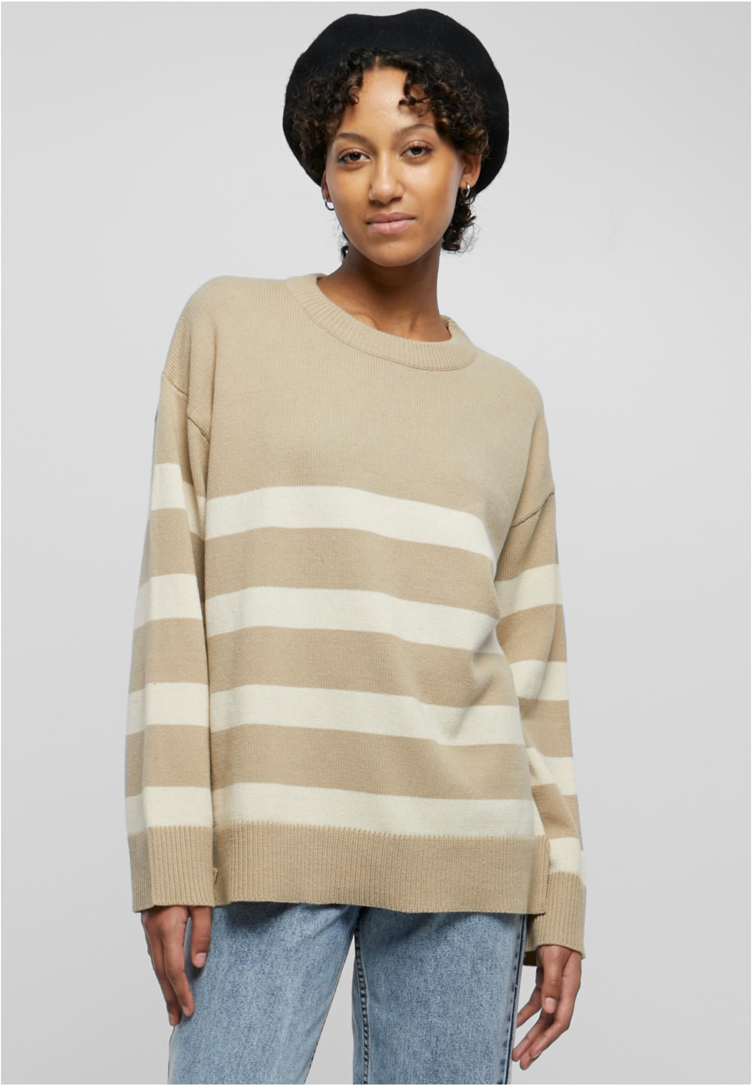 Ladies Striped Knit Crew Sweater | wetsand/sand