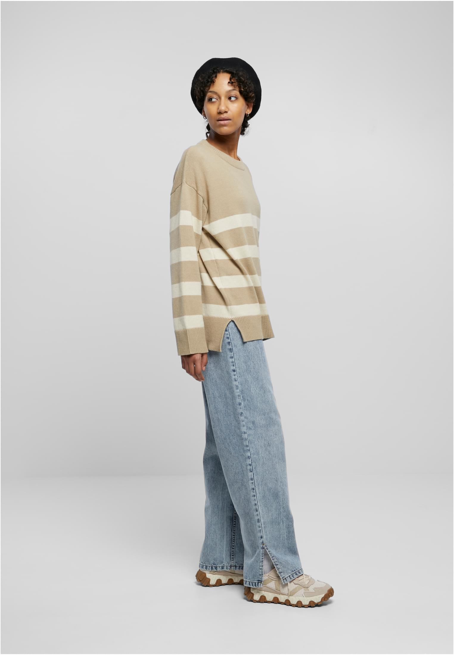 Ladies Striped Knit Crew Sweater | wetsand/sand