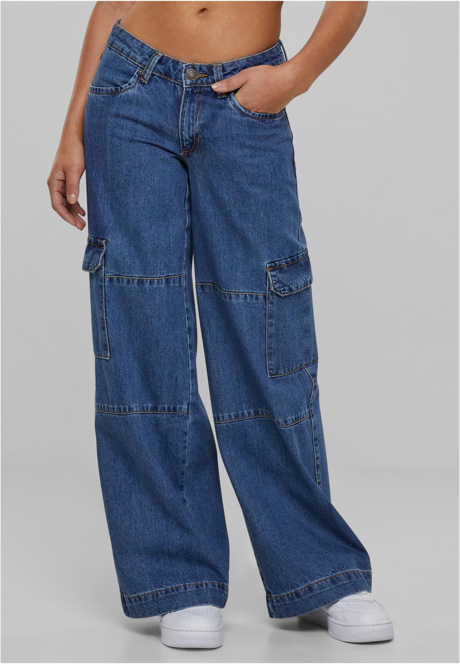 Ladies Low Waist Cargo Denim | mid indigo washed