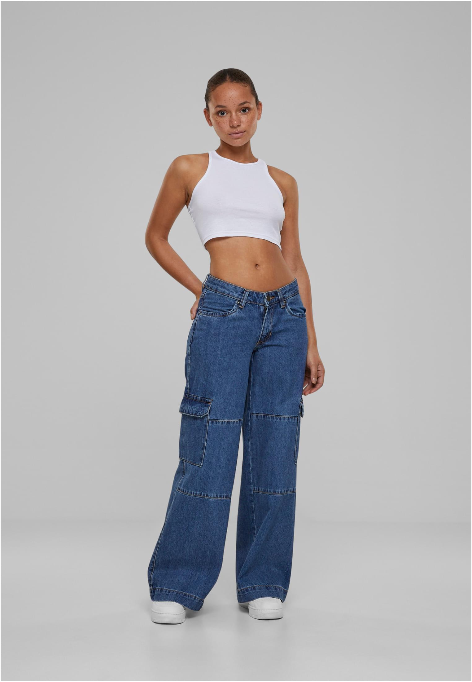 Ladies Low Waist Cargo Denim | mid indigo washed