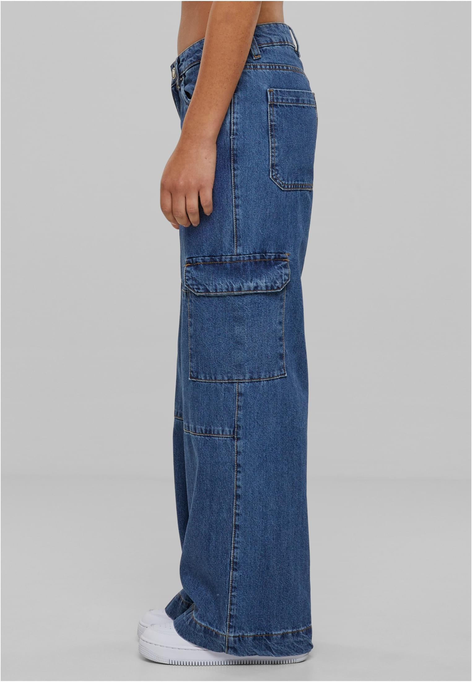 Ladies Low Waist Cargo Denim | mid indigo washed