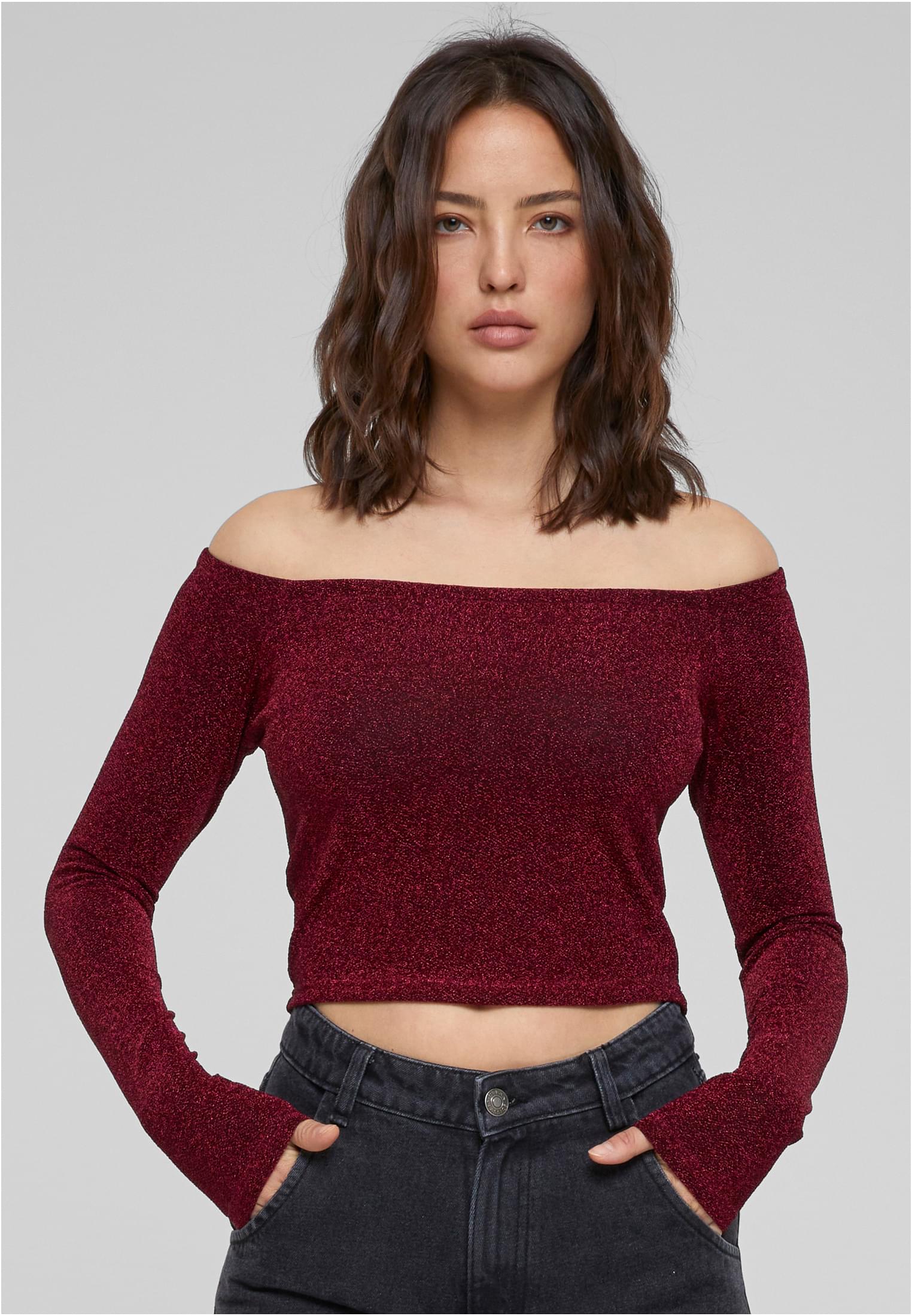 Ladies Off Shoulder Glitter Longsleeve | burgundy