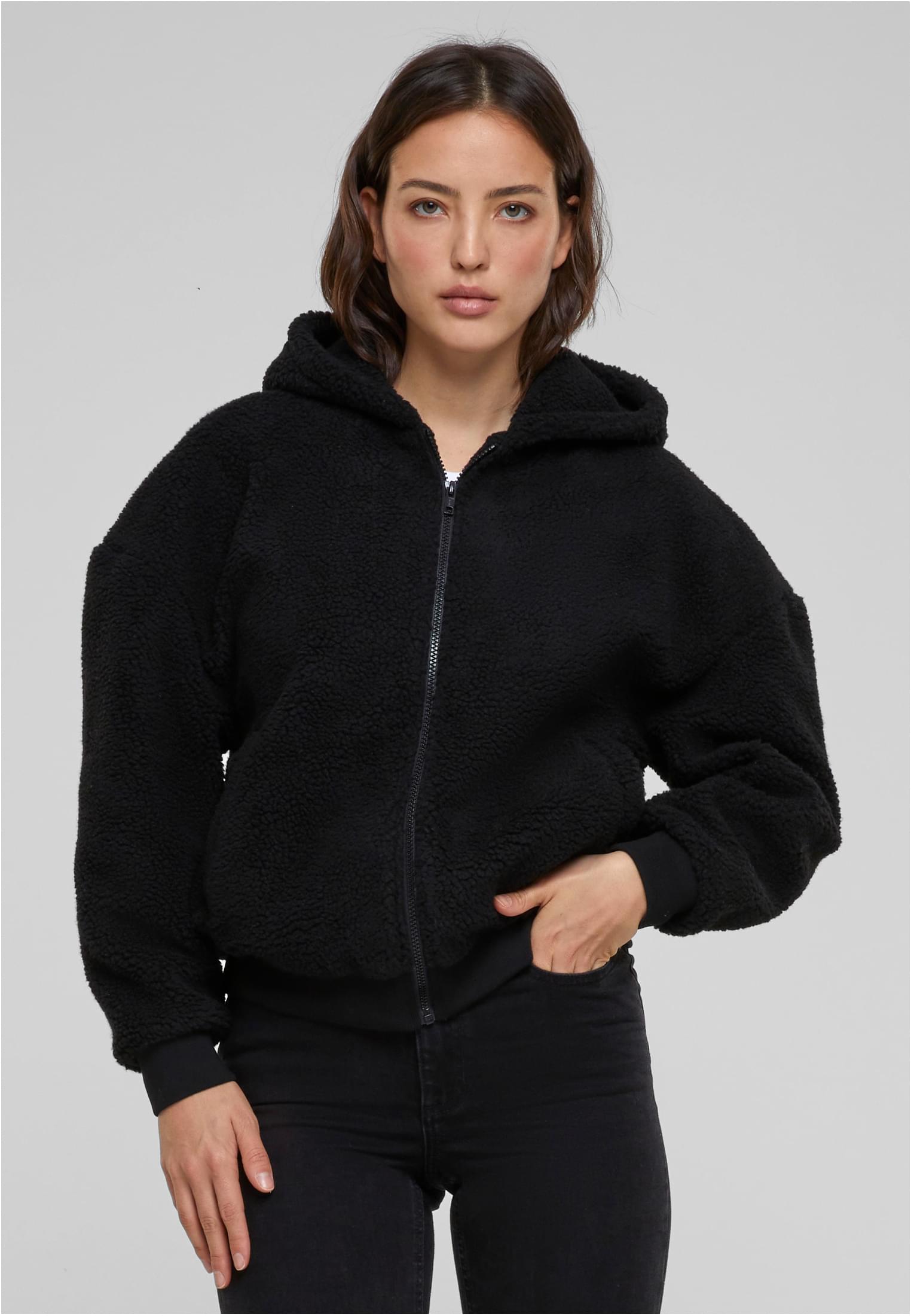 Ladies Oversized Sherpa Zip Hoody | black