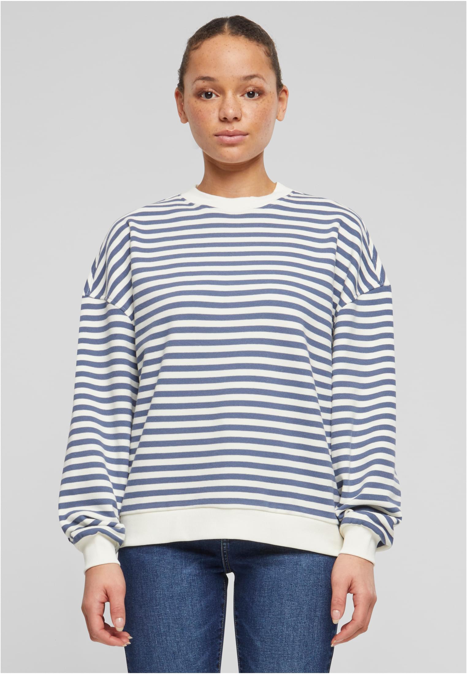 Ladies Oversized Striped Crewneck | whitesand/vintageblue