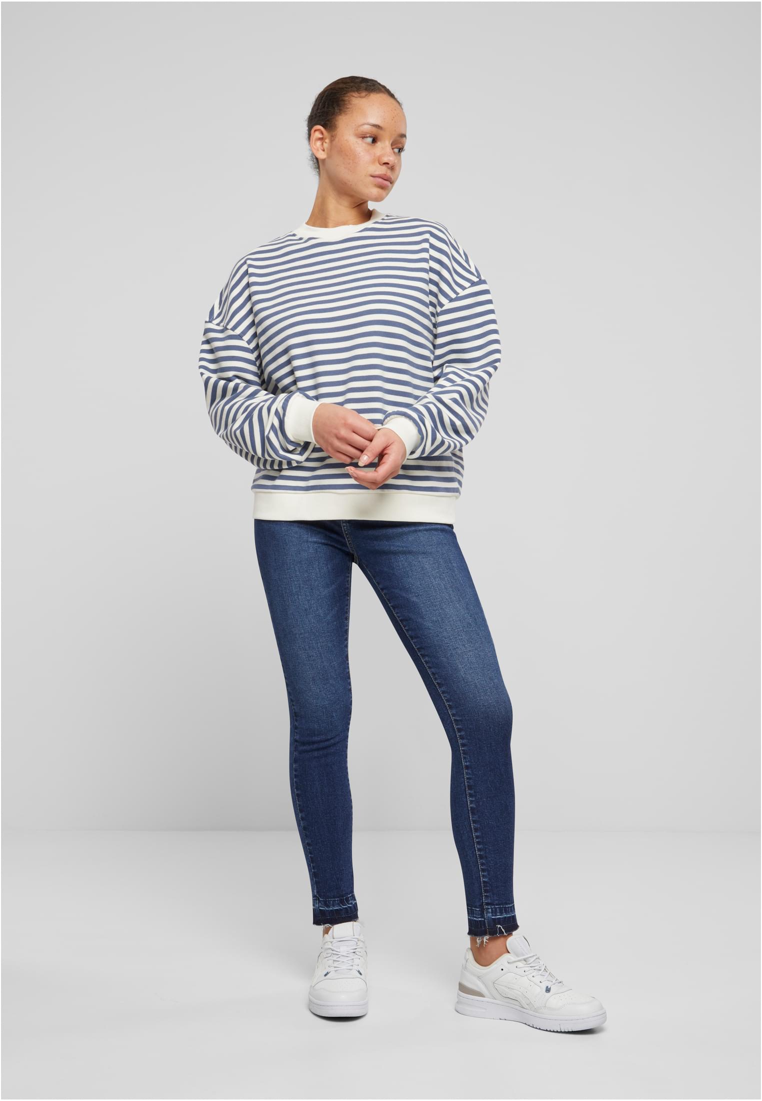 Ladies Oversized Striped Crewneck | whitesand/vintageblue