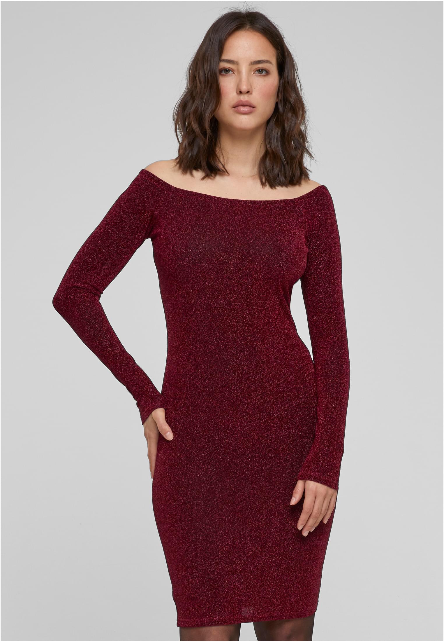 Ladies Off Shoulder Longsleeve Glitter Dress | burgundy