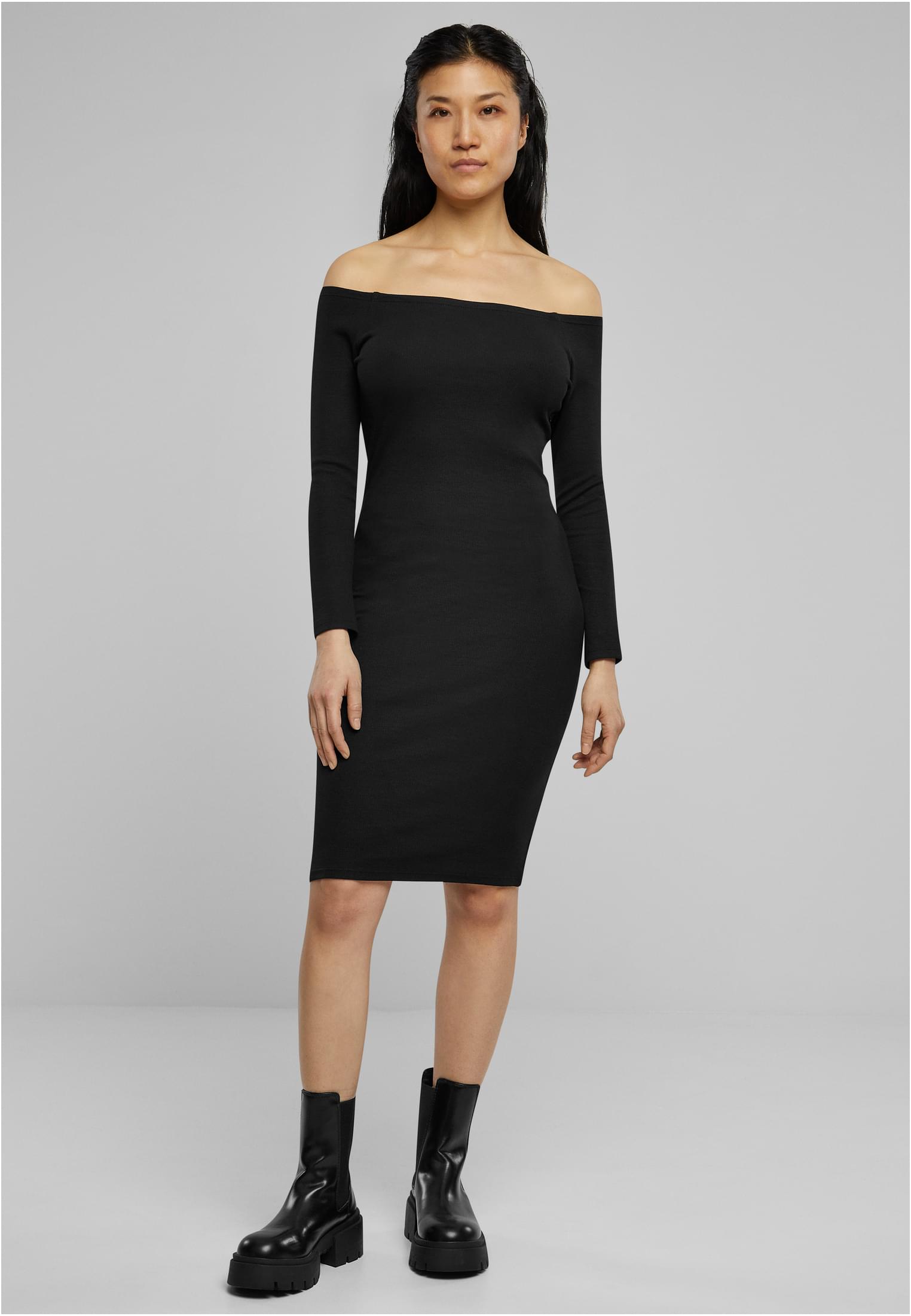 Ladies Off Shoulder Longsleeve Rib Dress | black