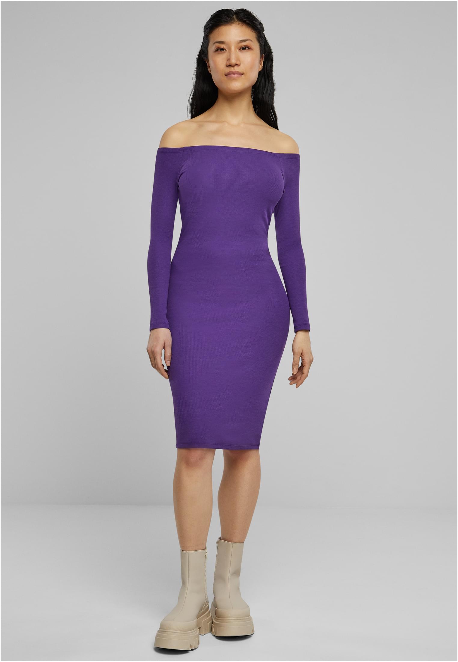 Ladies Off Shoulder Longsleeve Rib Dress | realviolet