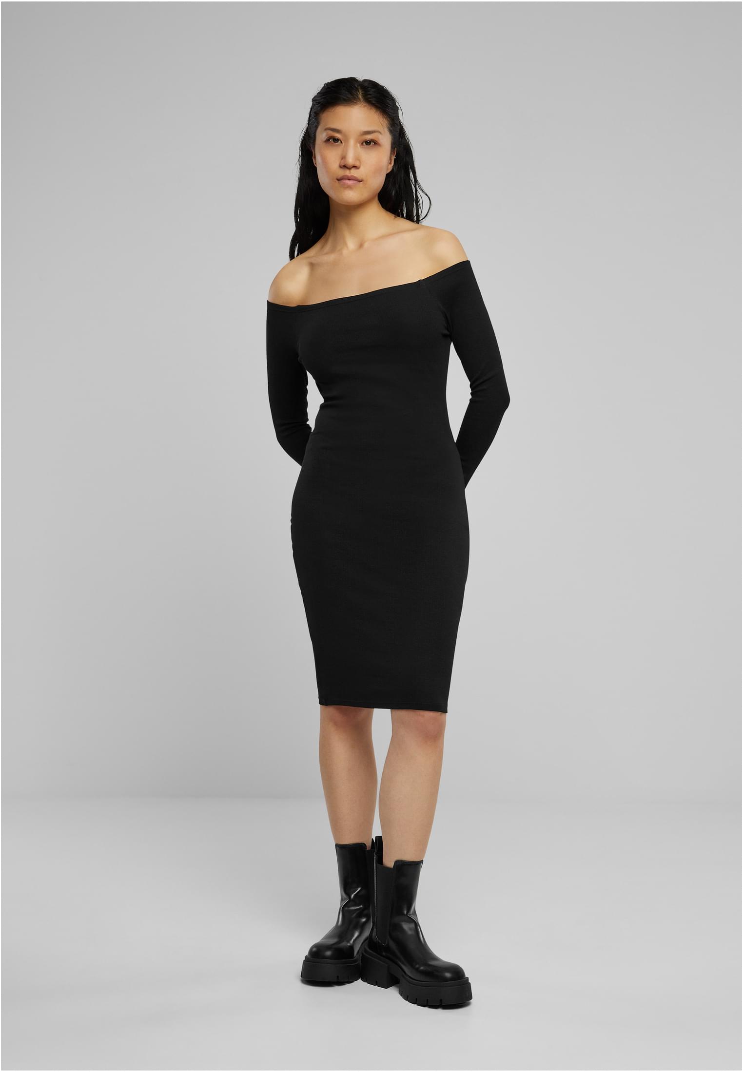 Ladies Off Shoulder Longsleeve Rib Dress | black