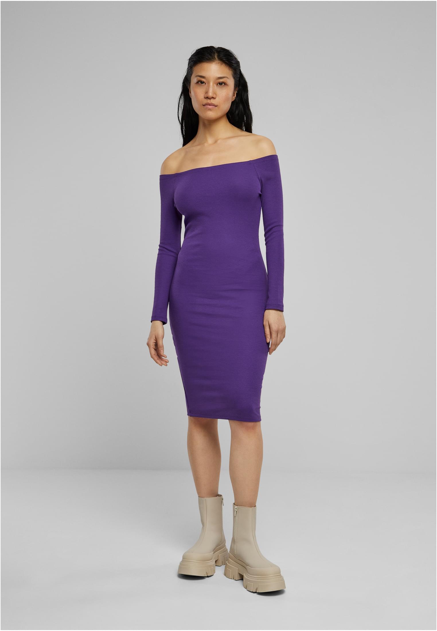 Ladies Off Shoulder Longsleeve Rib Dress | realviolet