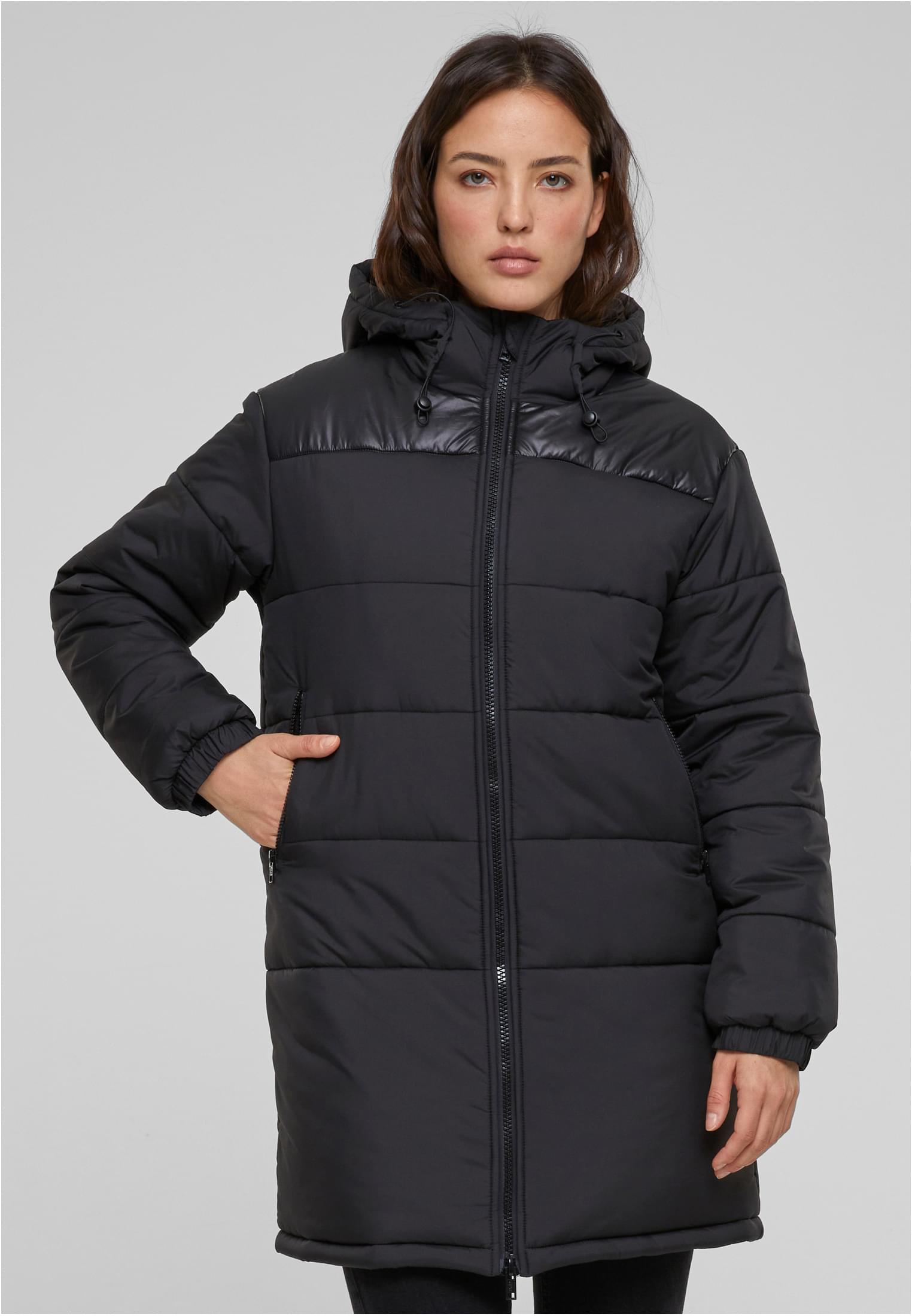 Ladies Hooded Mixed Puffer Coat | black