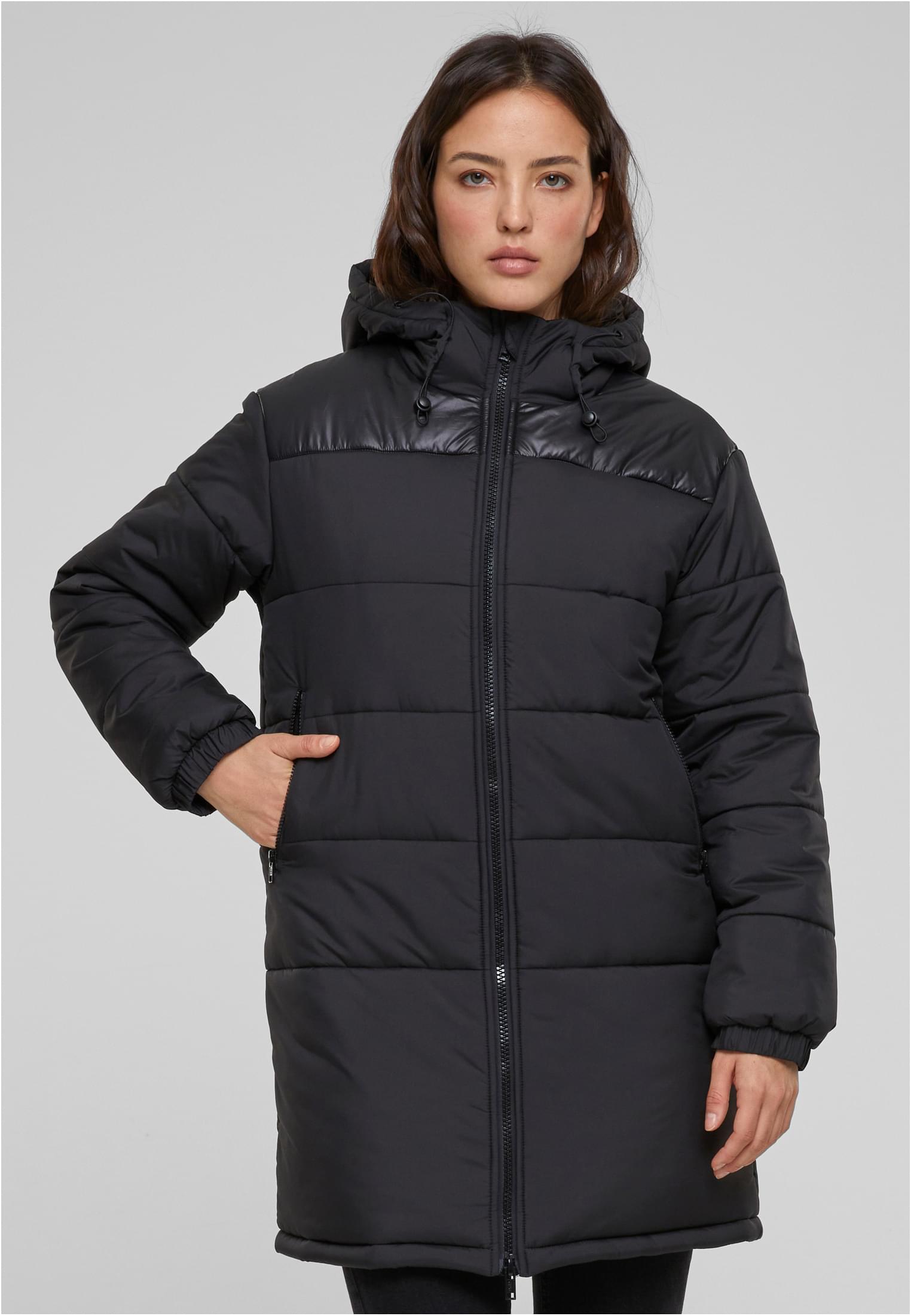 Ladies Hooded Mixed Puffer Coat | black