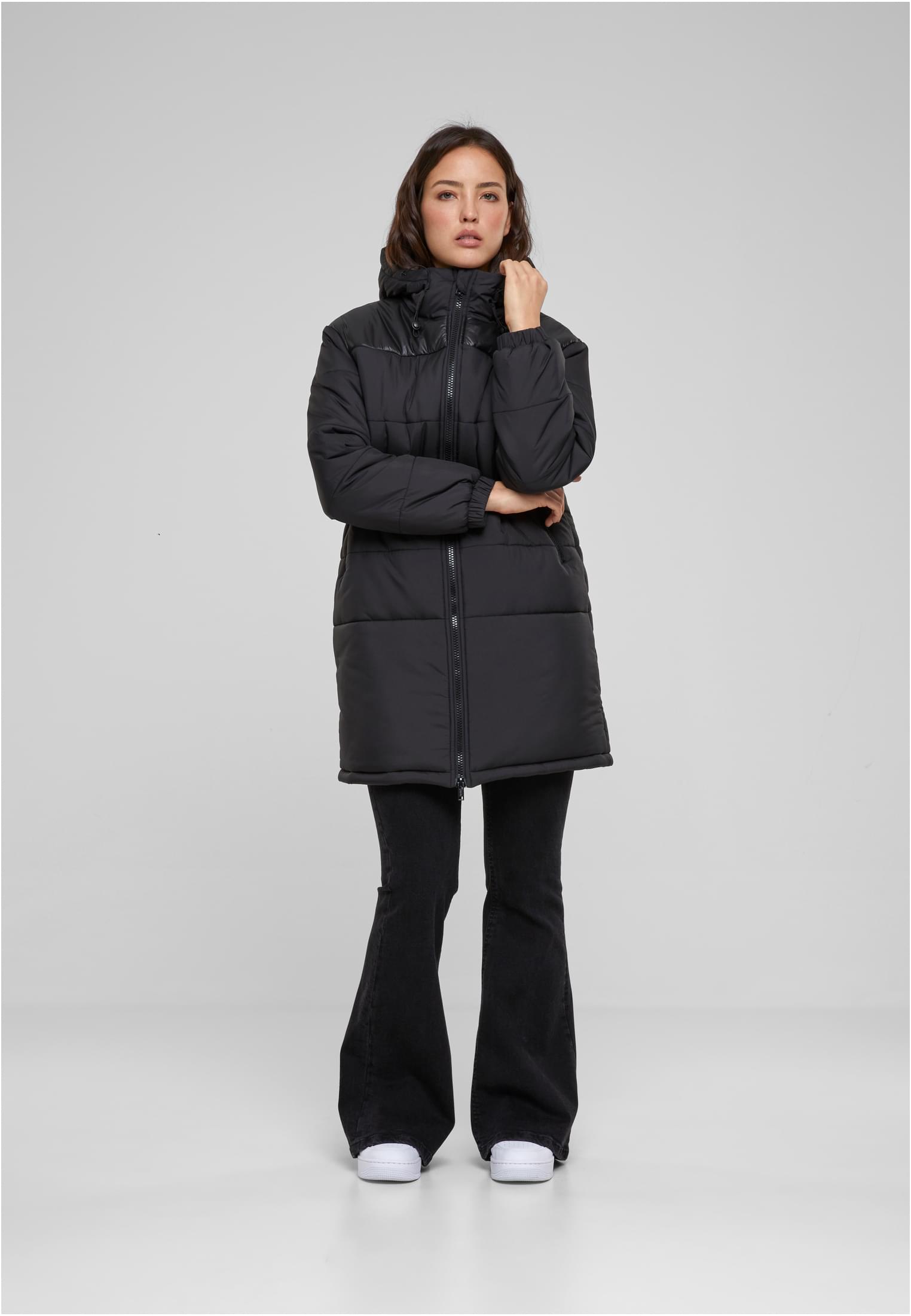 Ladies Hooded Mixed Puffer Coat | black