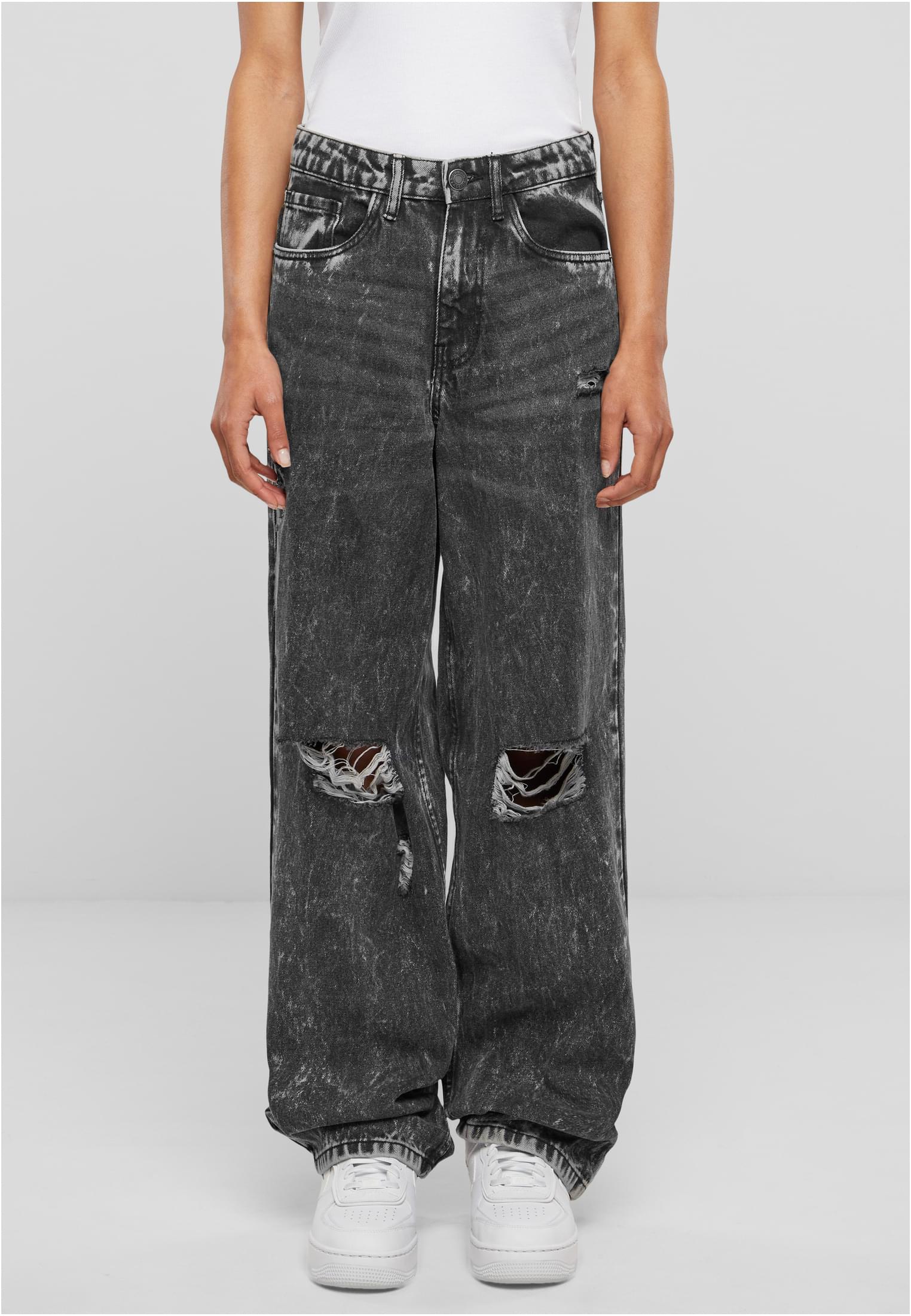 Ladies Distressed 90's Wide Leg Denim Pants | black charcoal washed