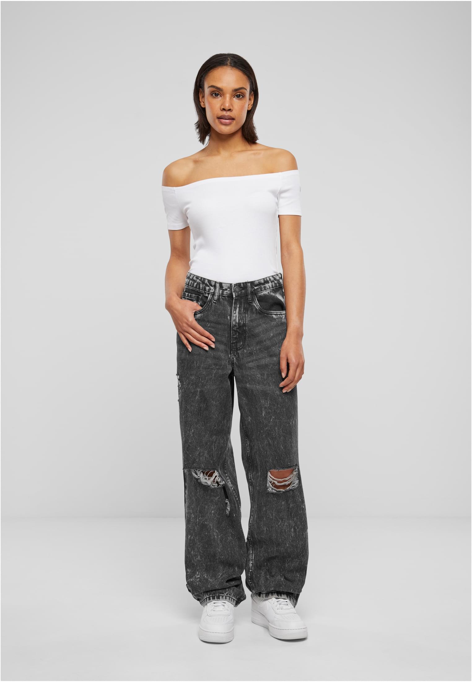 Ladies Distressed 90's Wide Leg Denim Pants | black charcoal washed