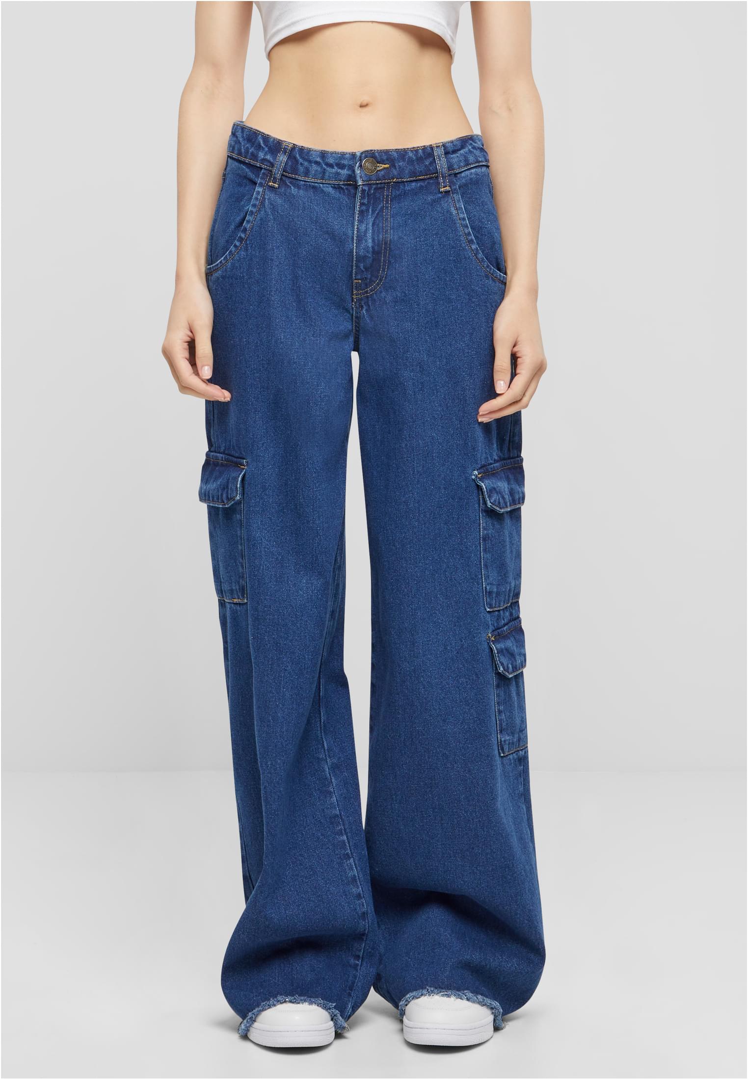 Ladies Mid Waist Cargo Denim Pants | mid indigo washed