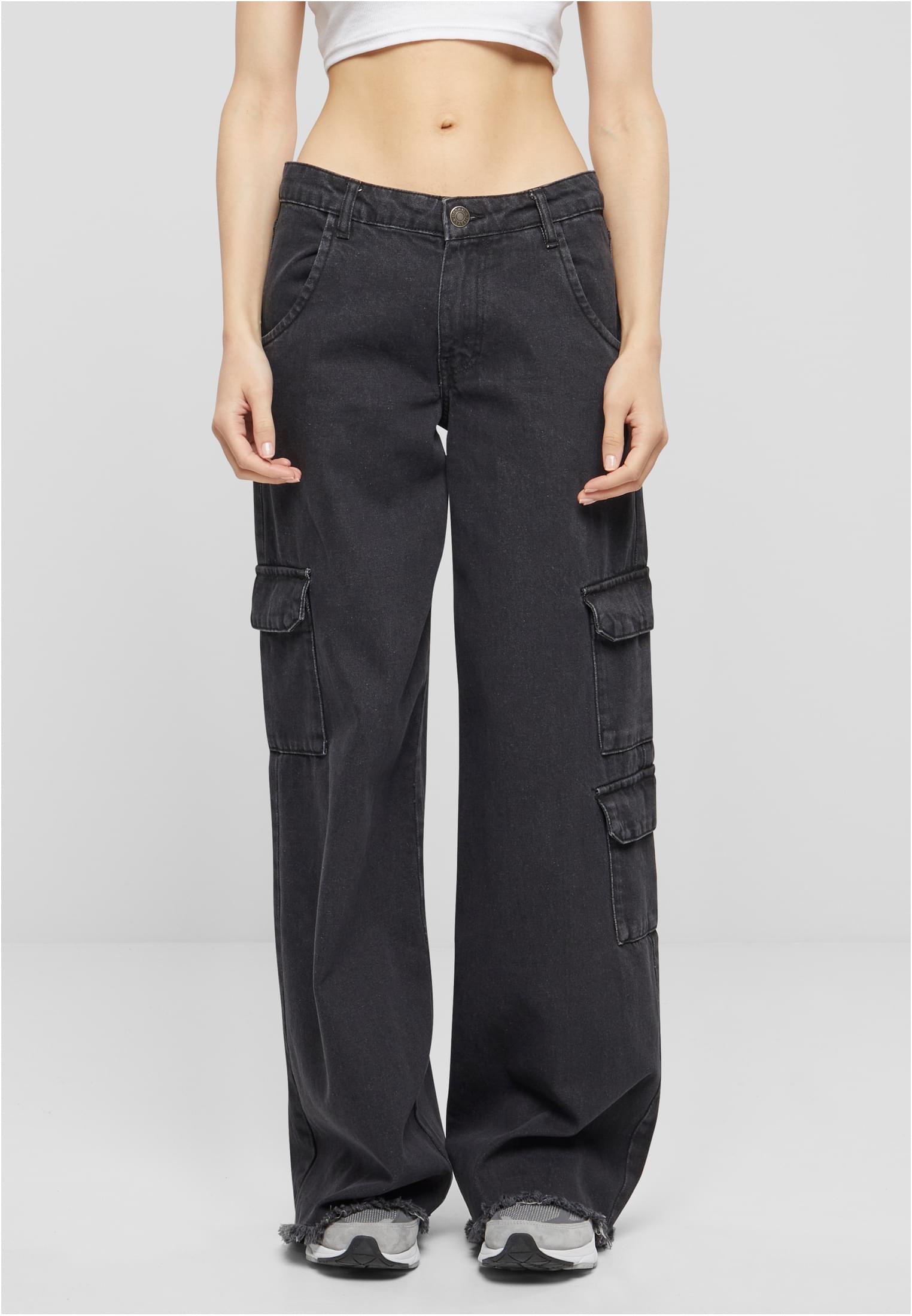 Ladies Mid Waist Cargo Denim Pants | black charcoal washed