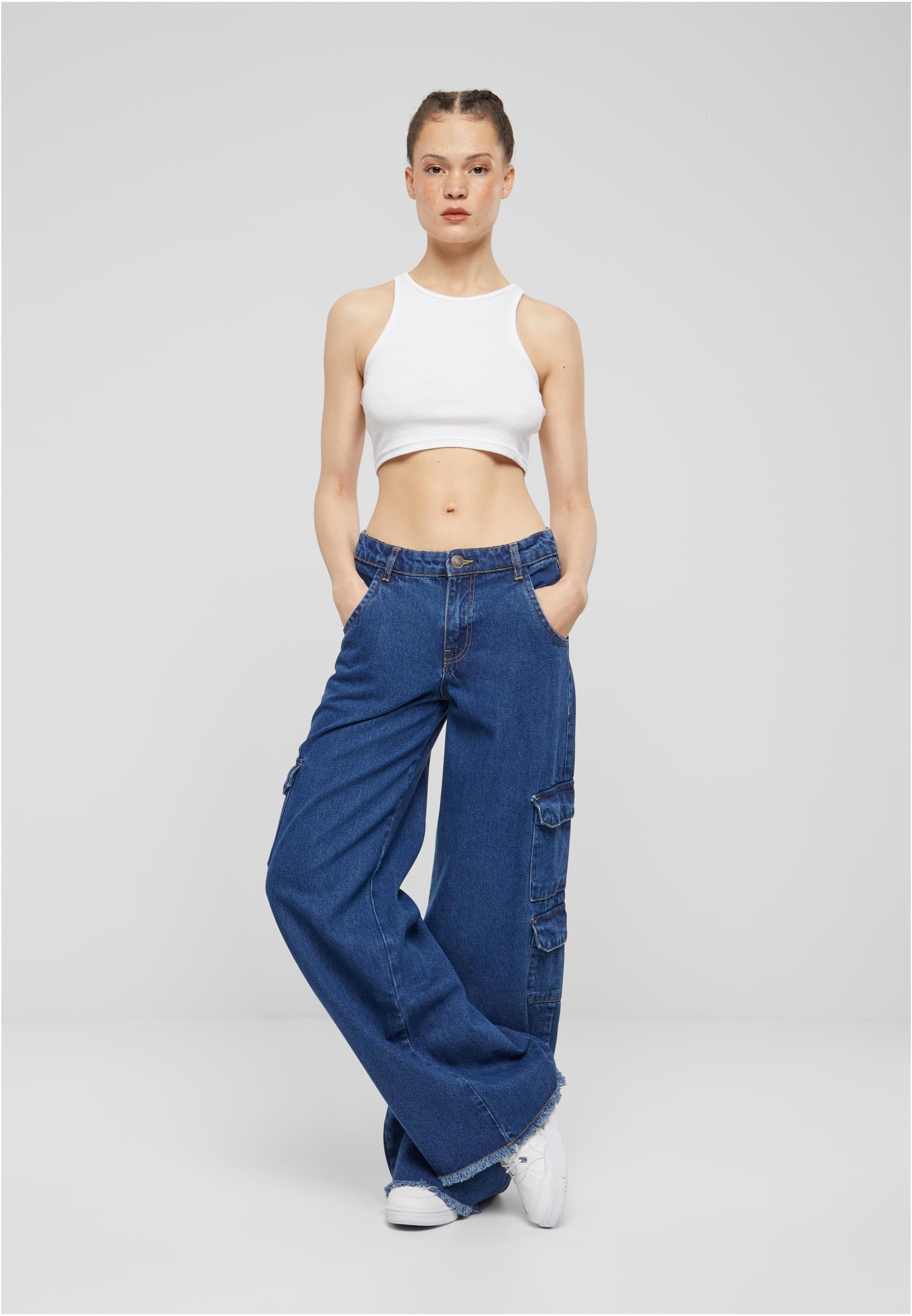 Ladies Mid Waist Cargo Denim Pants | mid indigo washed