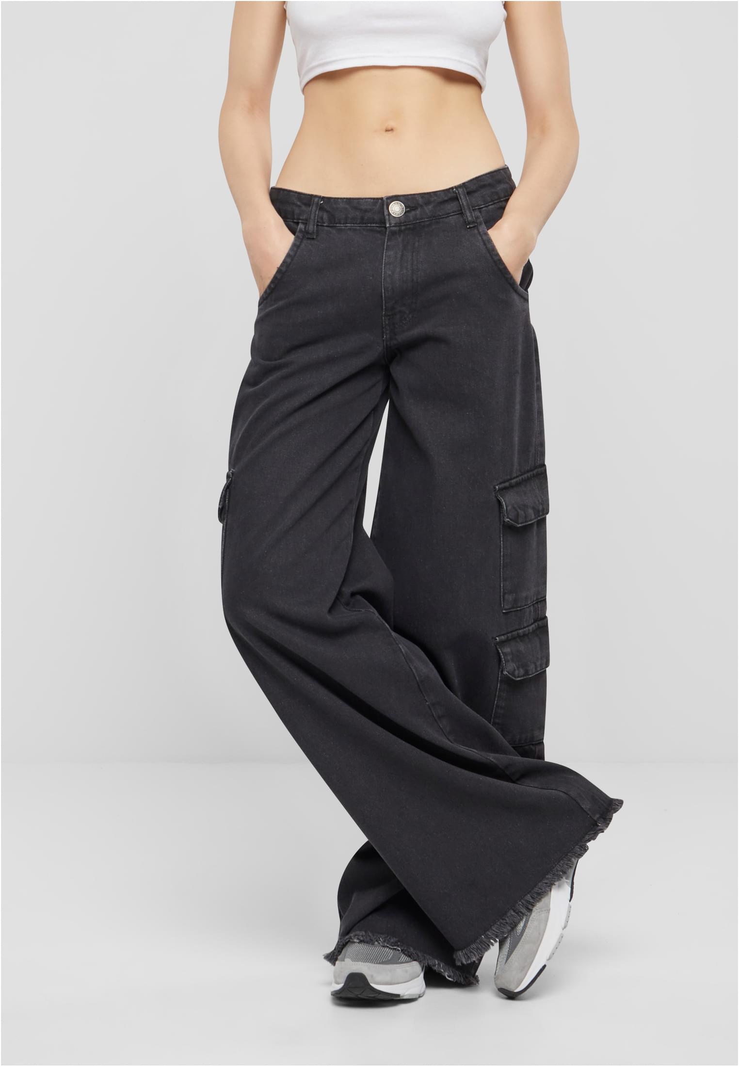 Ladies Mid Waist Cargo Denim Pants | black charcoal washed