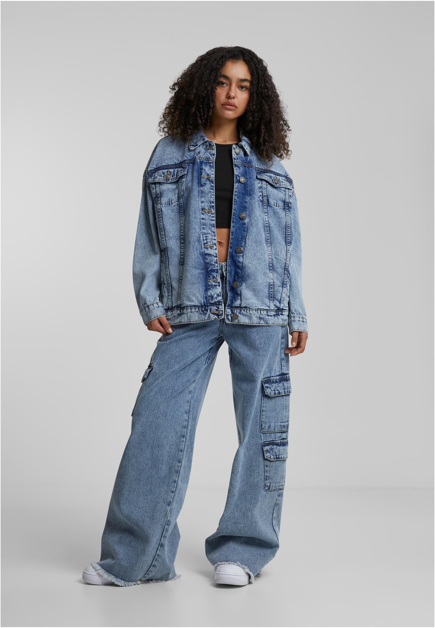 Ladies Mid Waist Cargo Denim Pants | vintage lightblue washed