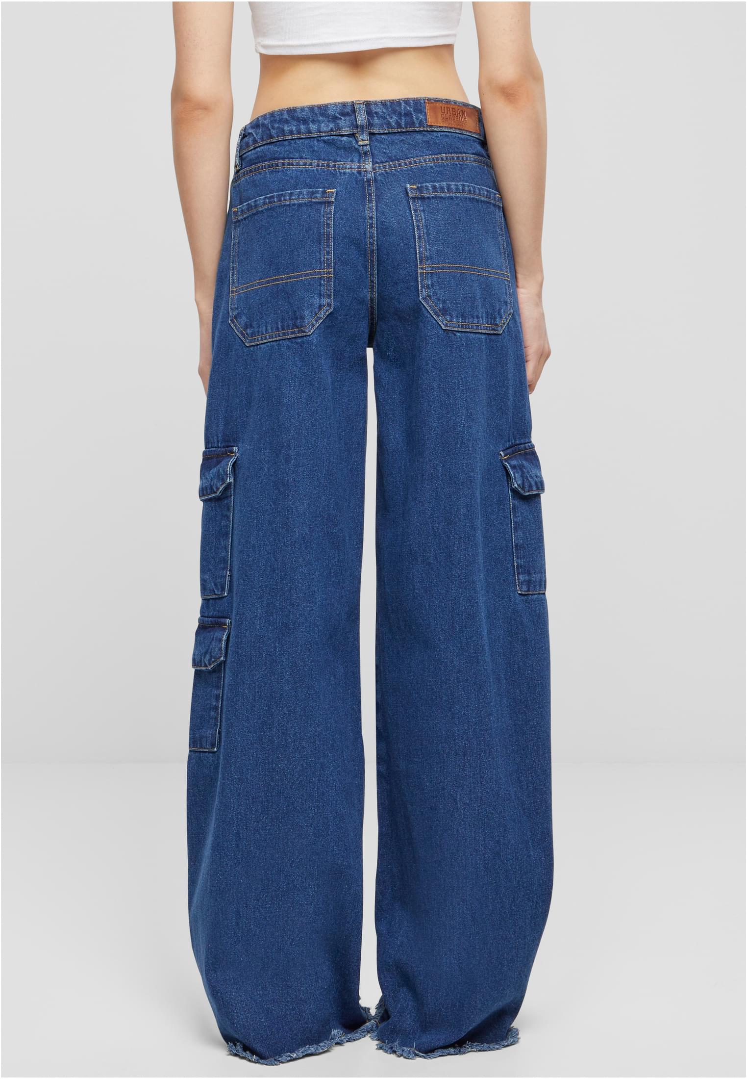 Ladies Mid Waist Cargo Denim Pants | mid indigo washed