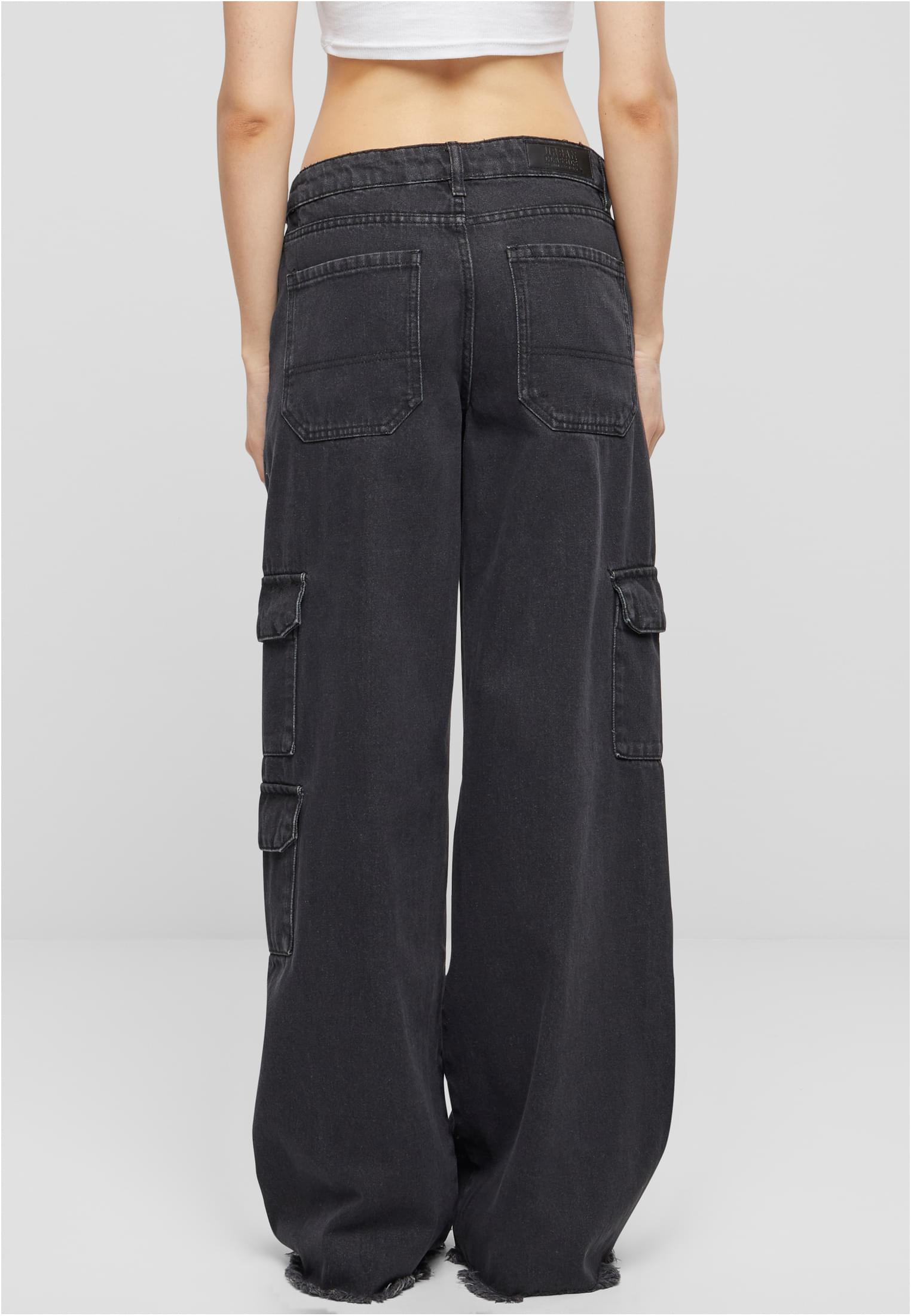 Ladies Mid Waist Cargo Denim Pants | black charcoal washed