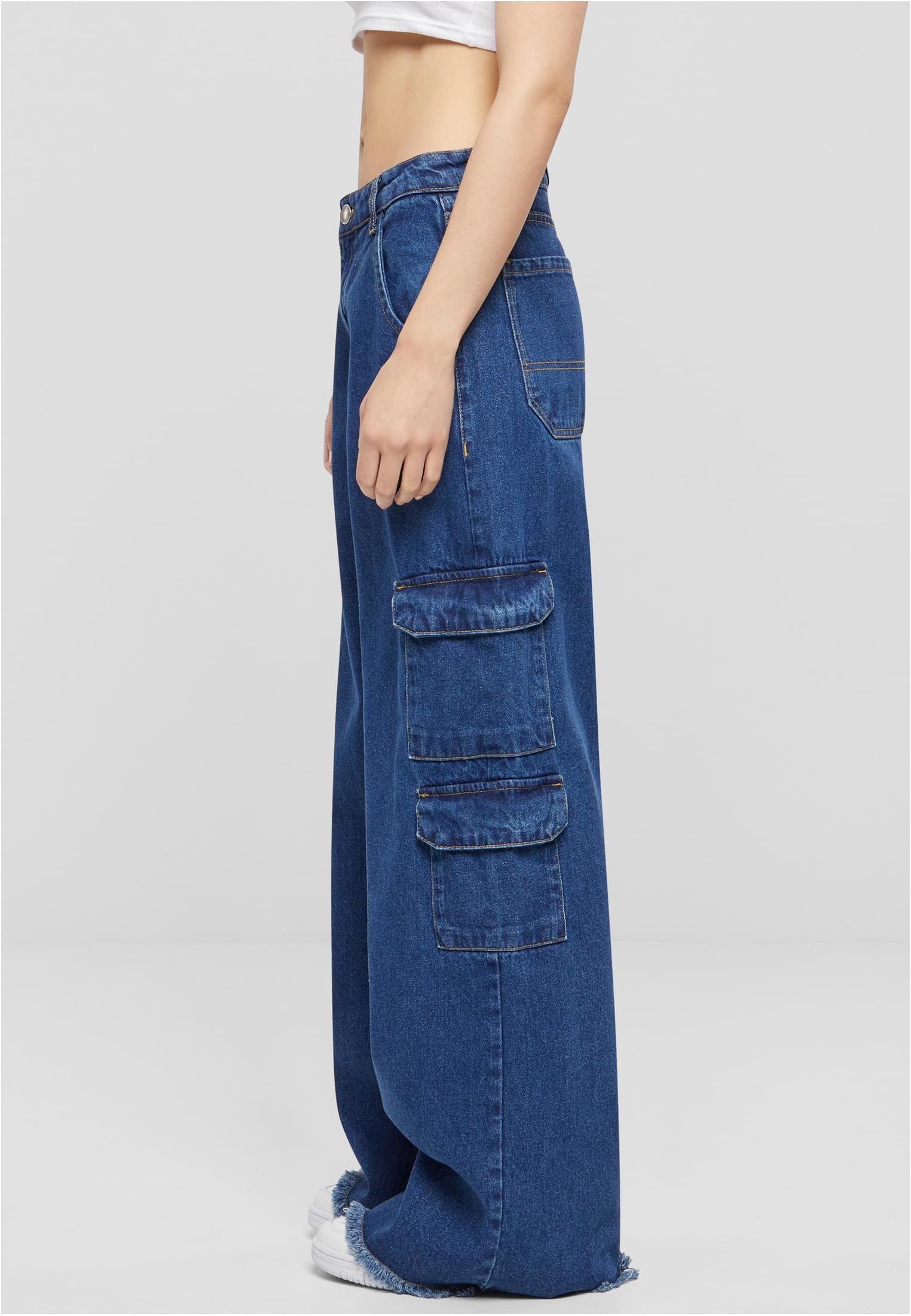 Ladies Mid Waist Cargo Denim Pants | mid indigo washed