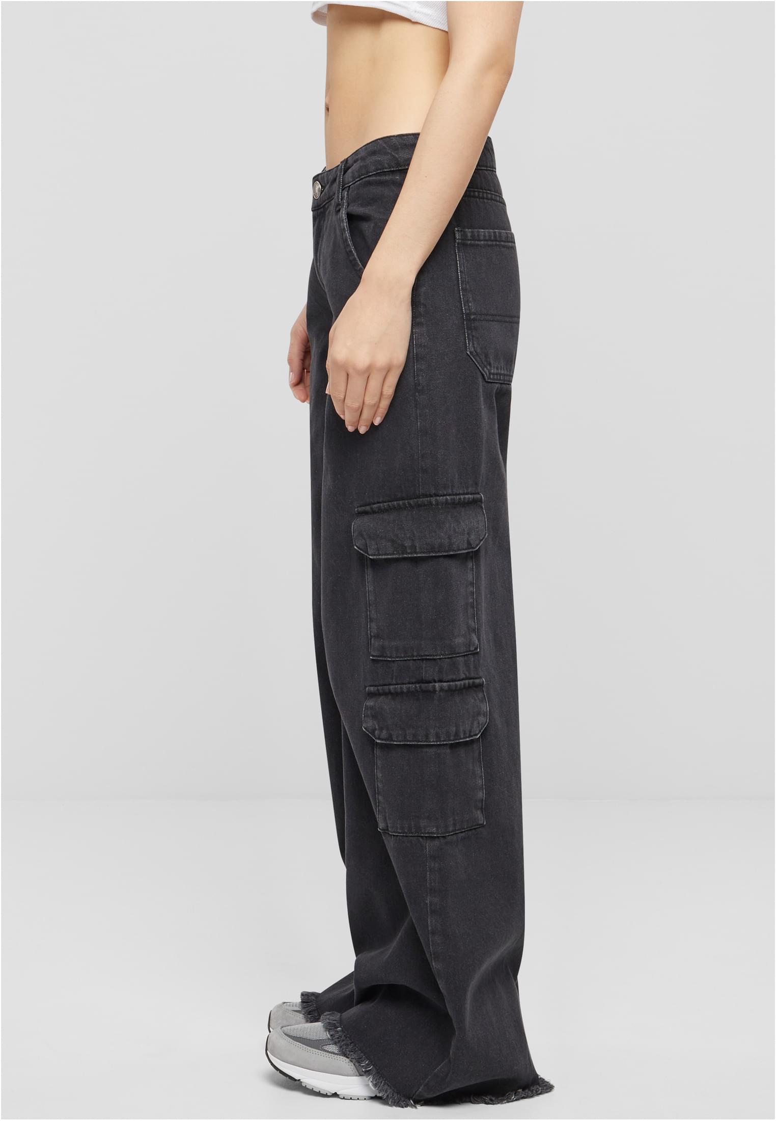 Ladies Mid Waist Cargo Denim Pants | black charcoal washed