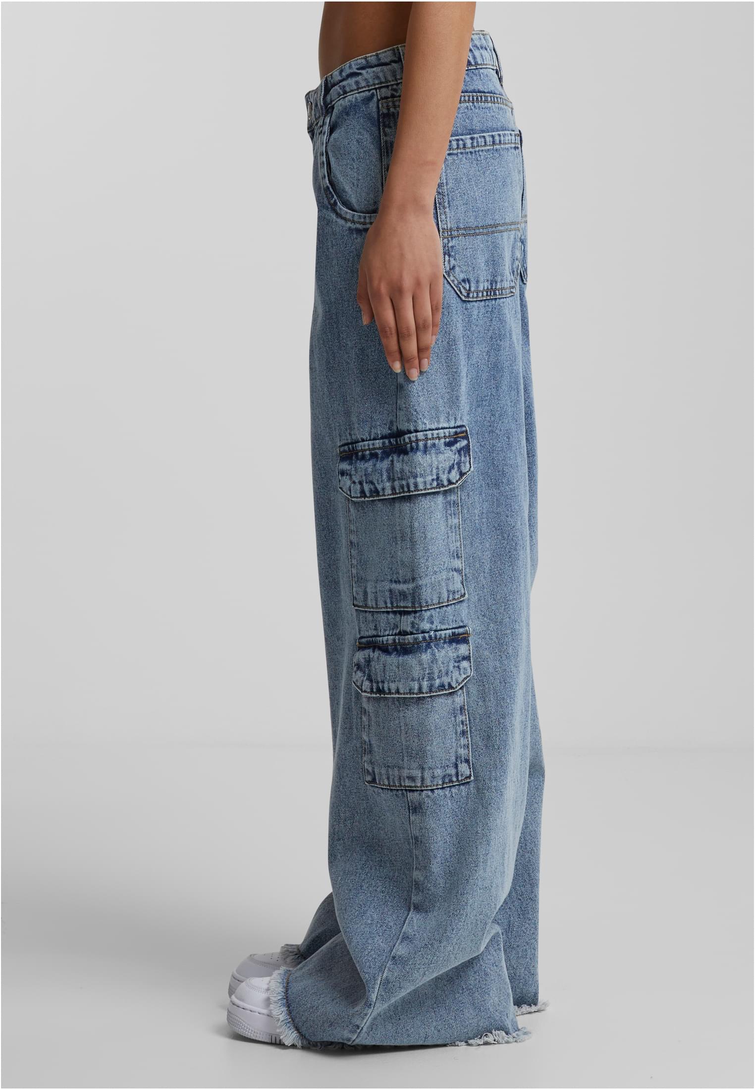 Ladies Mid Waist Cargo Denim Pants | vintage lightblue washed