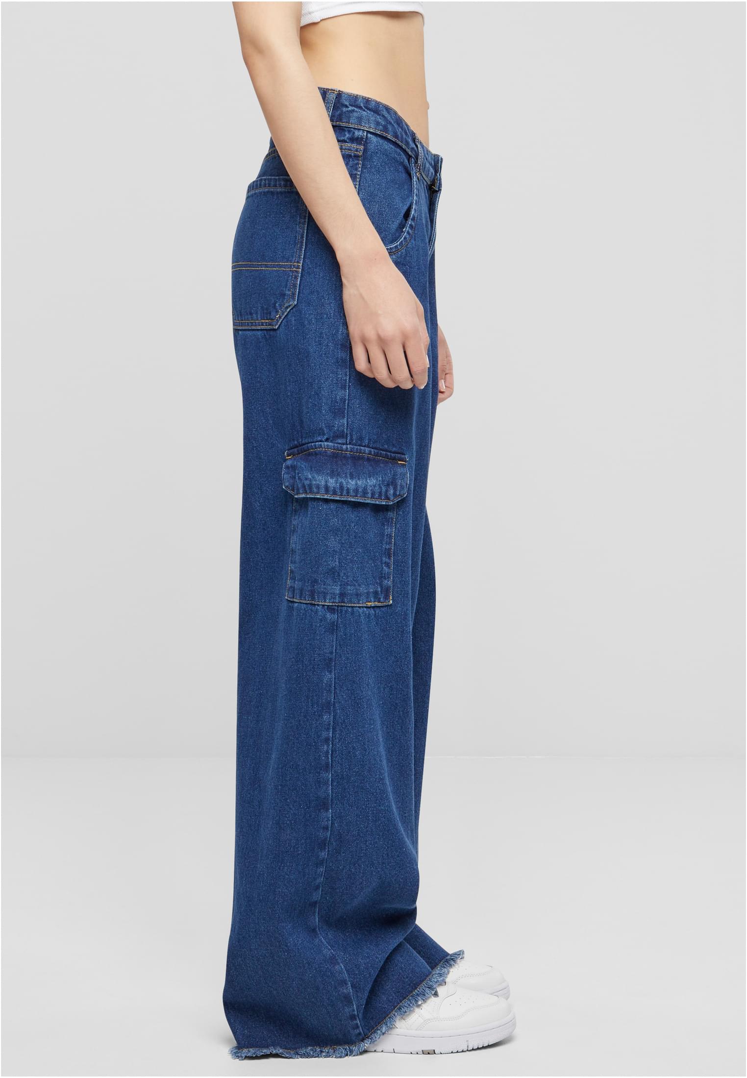 Ladies Mid Waist Cargo Denim Pants | mid indigo washed