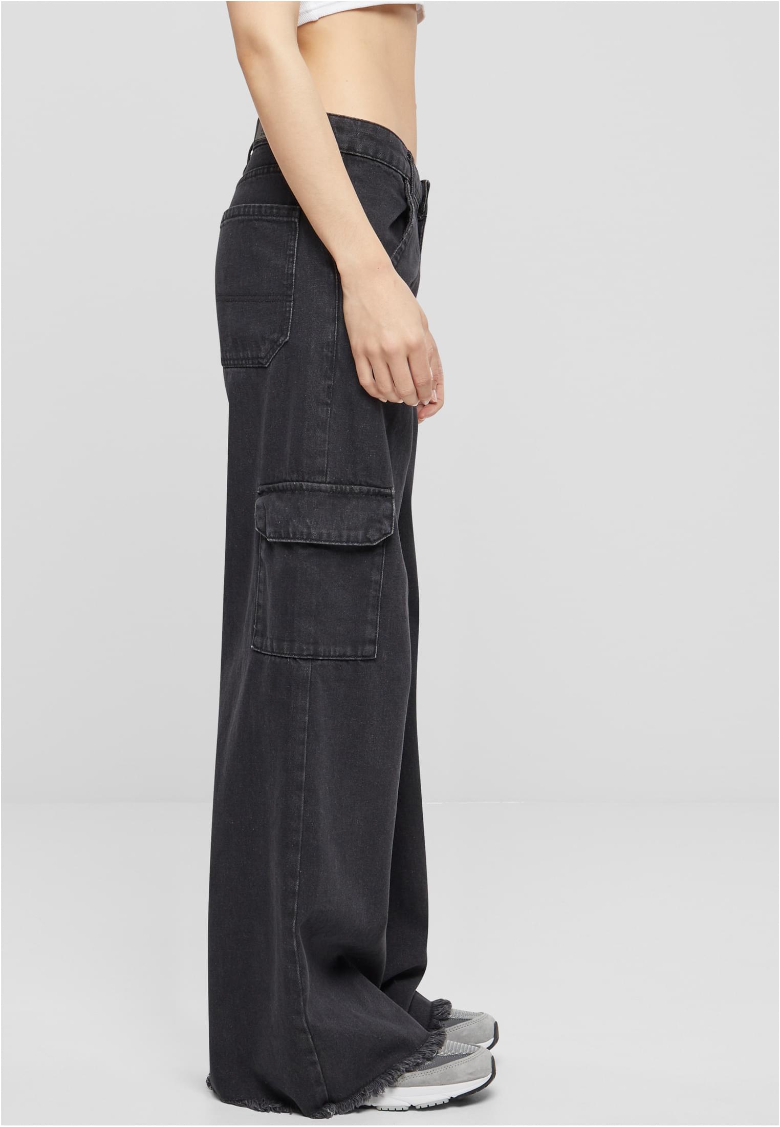 Ladies Mid Waist Cargo Denim Pants | black charcoal washed