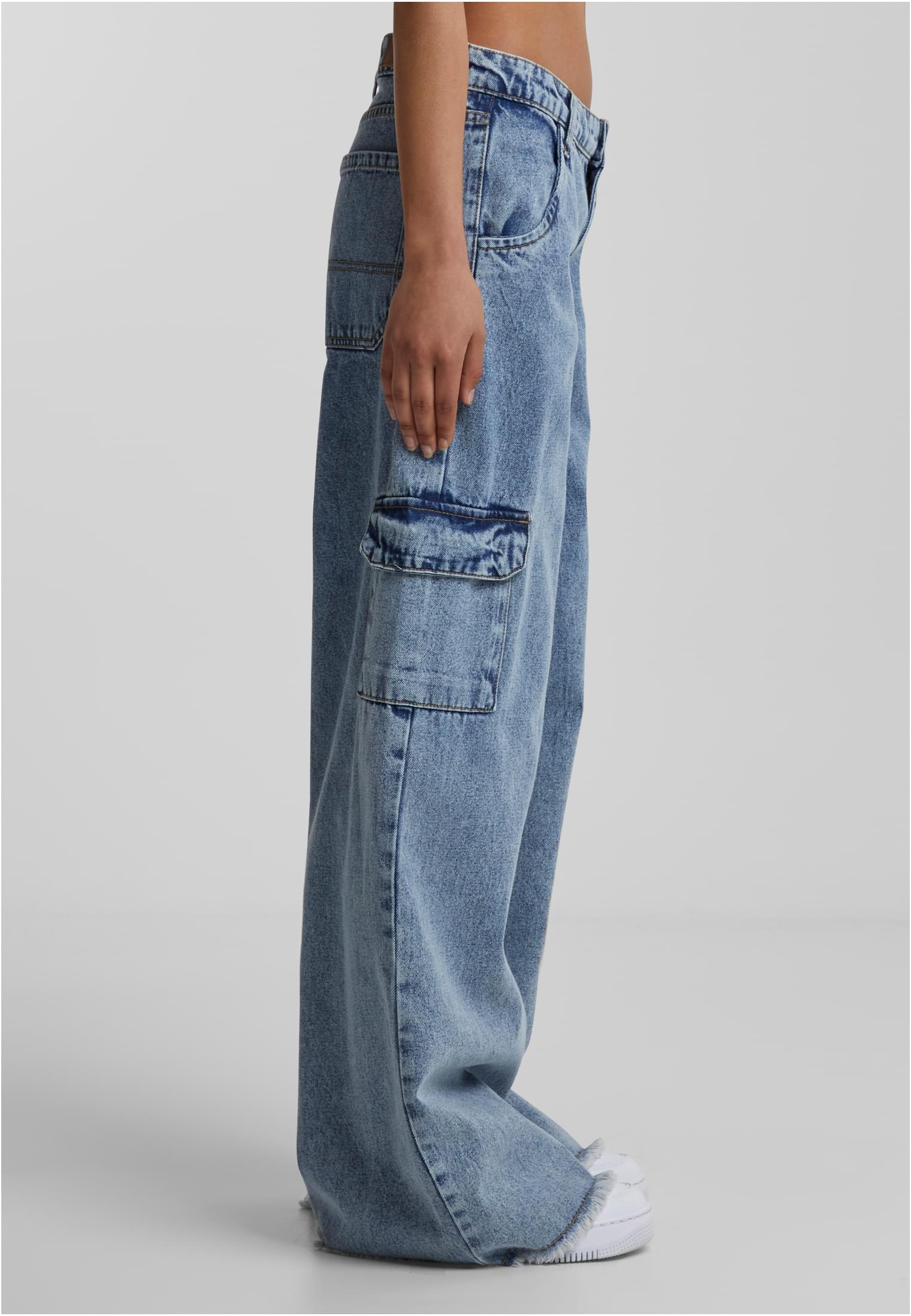 Ladies Mid Waist Cargo Denim Pants | vintage lightblue washed