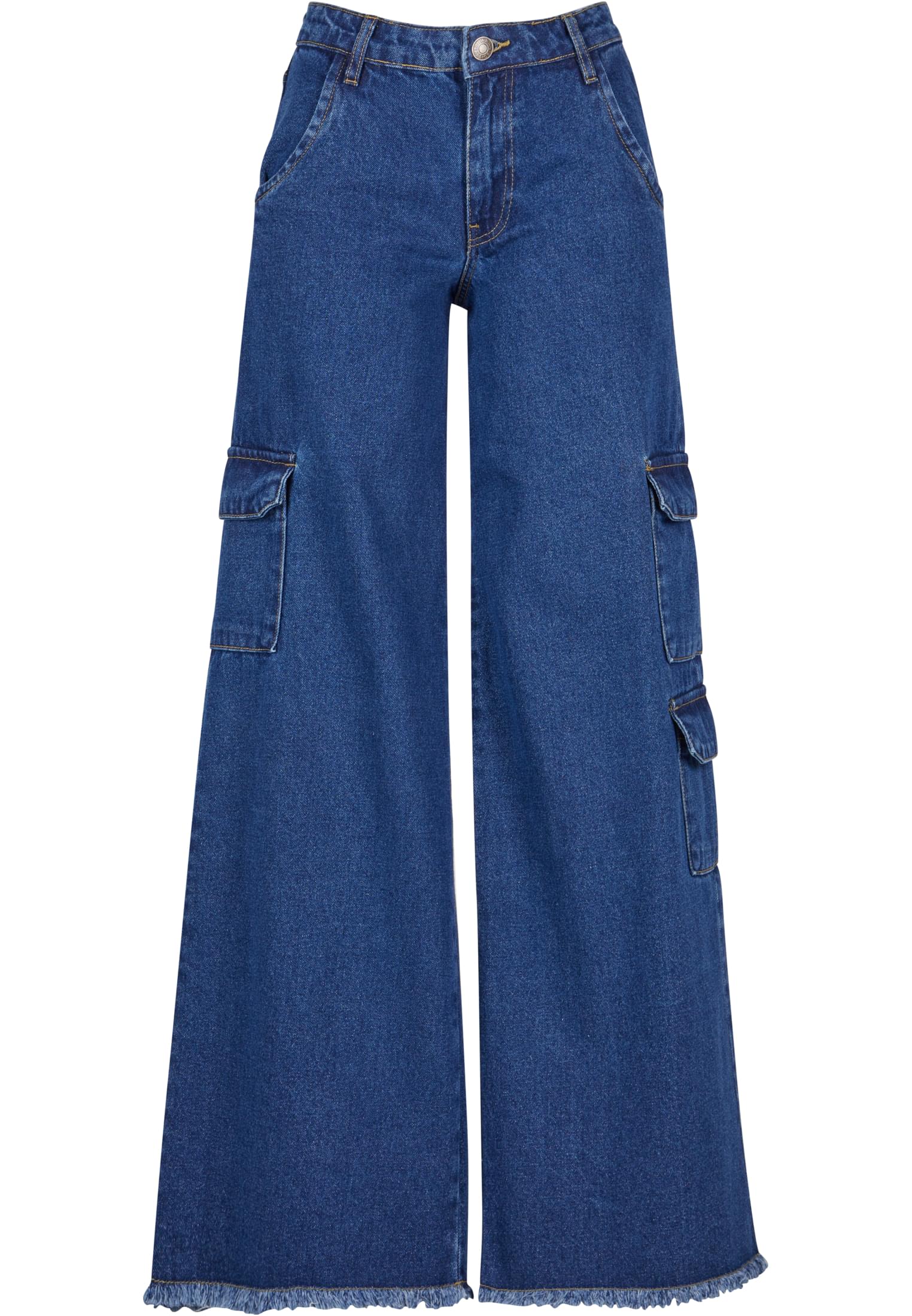 Ladies Mid Waist Cargo Denim Pants | mid indigo washed