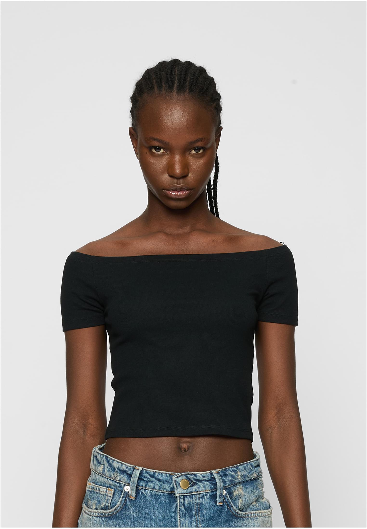 Ladies Organic Off Shoulder Rib Tee 2-Pack | black+black