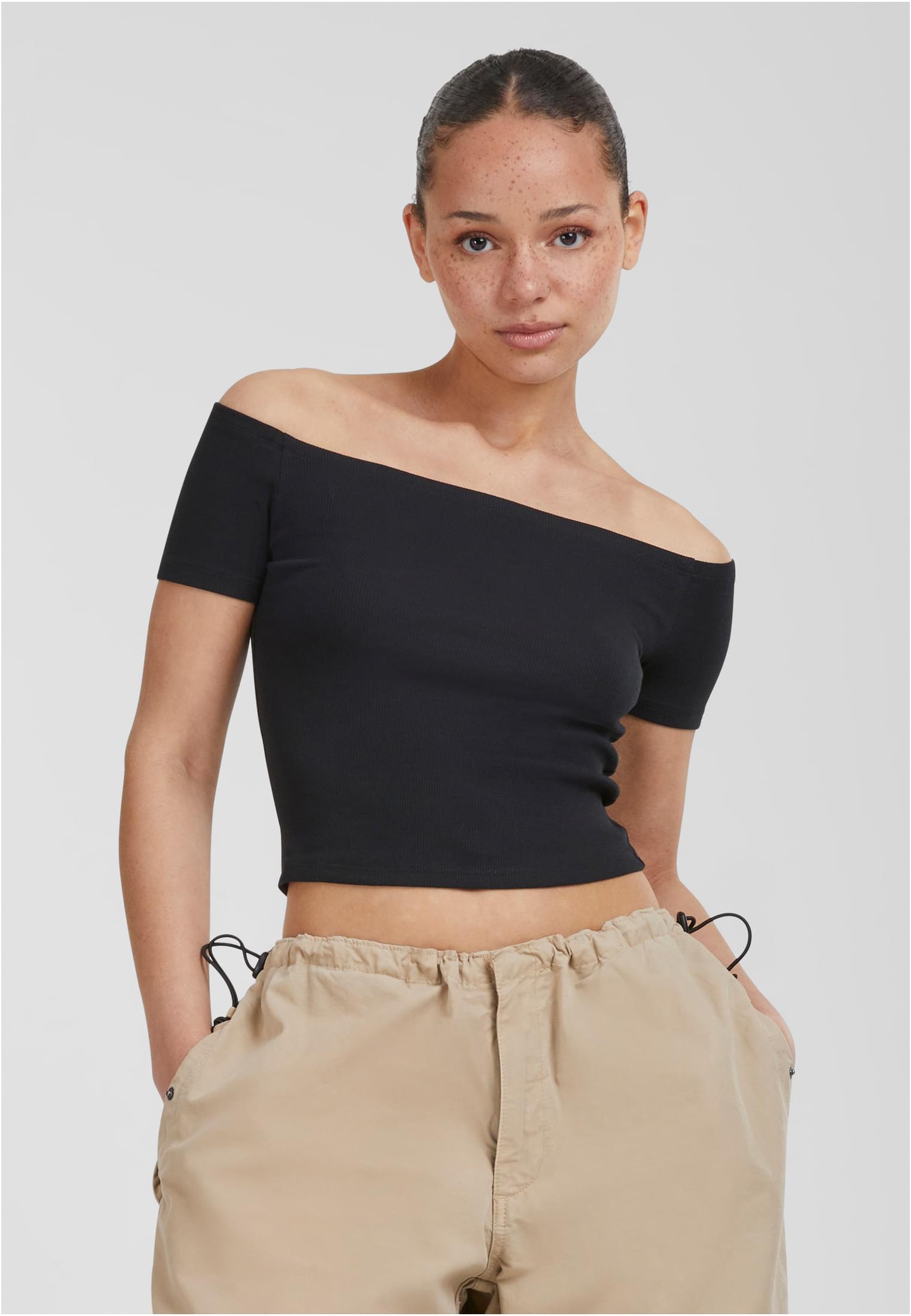 Ladies Organic Off Shoulder Rib Tee | black