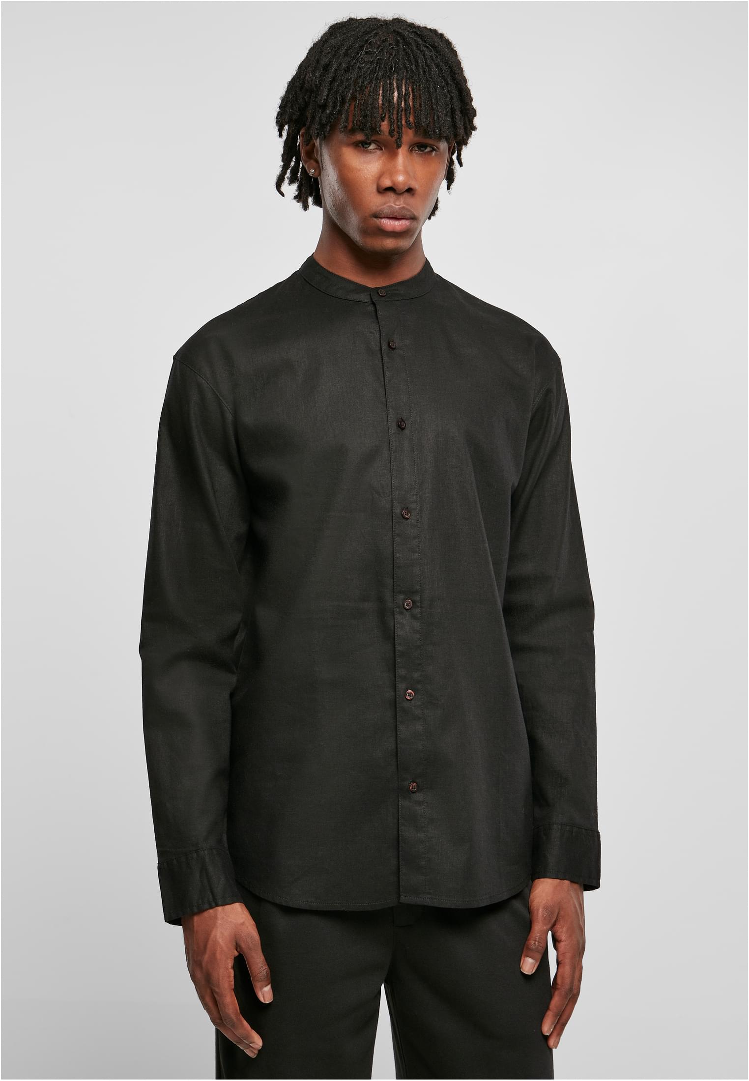 Cotton Linen Stand Up Collar Shirt | black