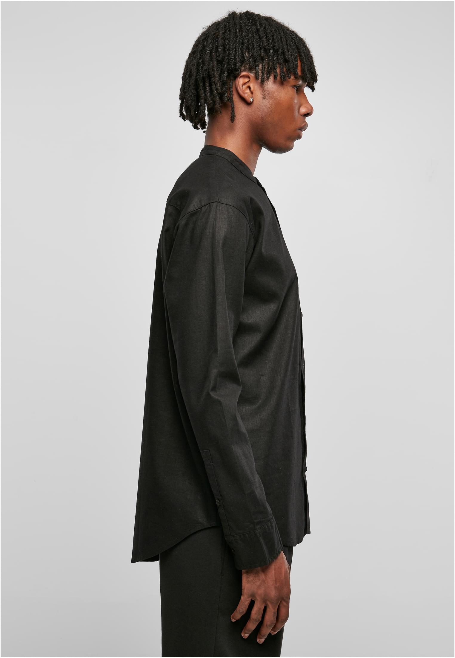 Cotton Linen Stand Up Collar Shirt | black